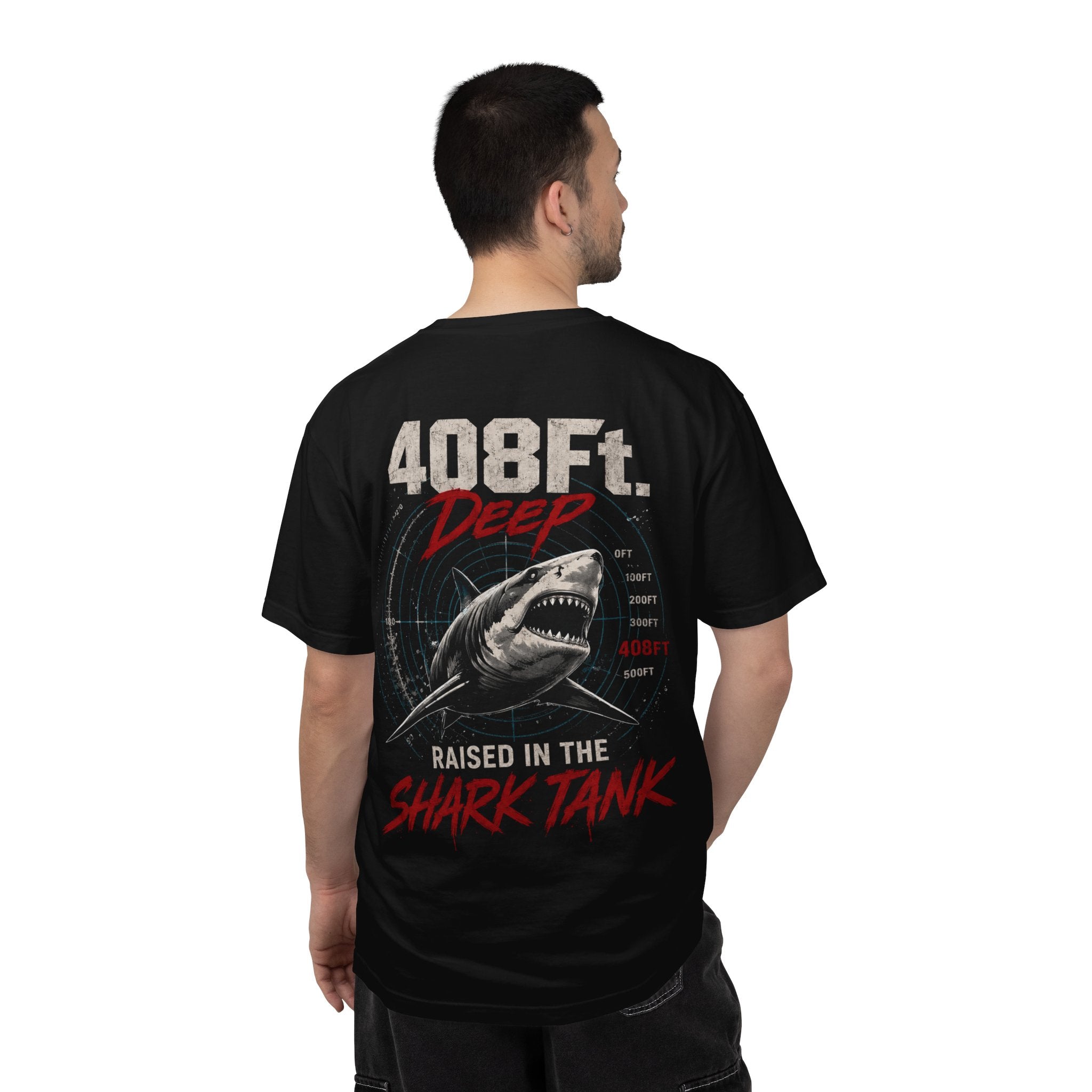 (Black) 408 Ft. Deep Shark Tank T-Shirt — Raised in the Shark Tank Graphic Tee