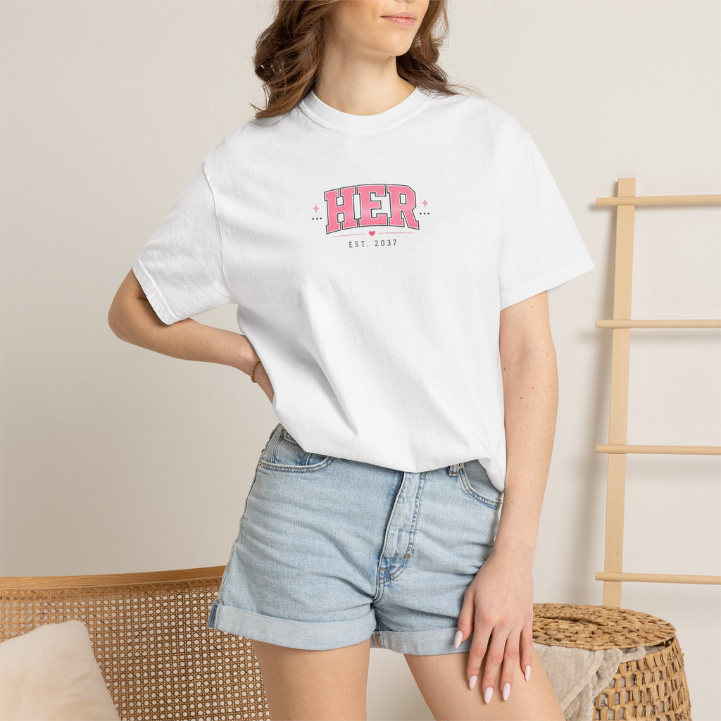 (White) HER Graphic T-Shirt — Pink Lip Art Vintage Logo Tee