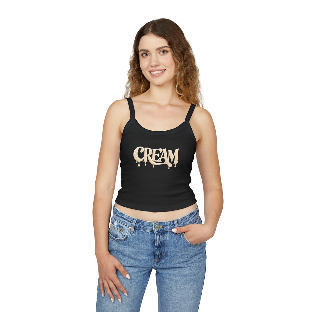 (Black) Cream Drip Graphic Tank Top — Women's Spaghetti-Strap Crop