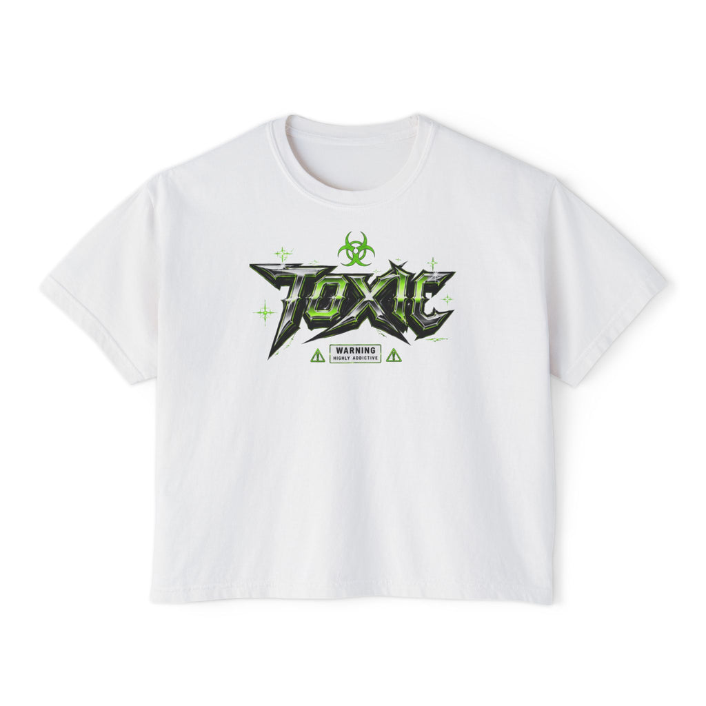 White Toxic Graphic Tee — 'Pretty But Poisonous' Green Biohazard Boxy Top
