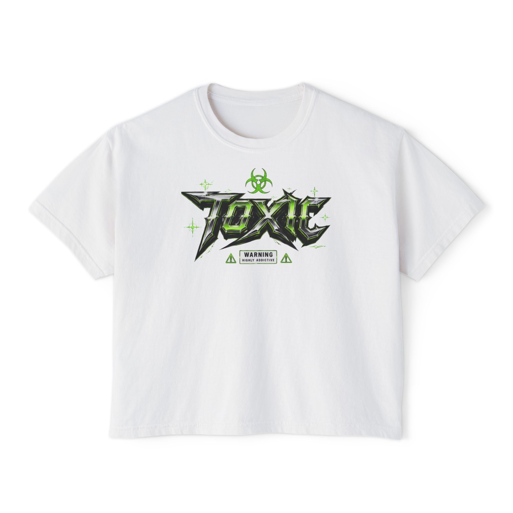 White Toxic Graphic Tee — 'Pretty But Poisonous' Green Biohazard Boxy Top