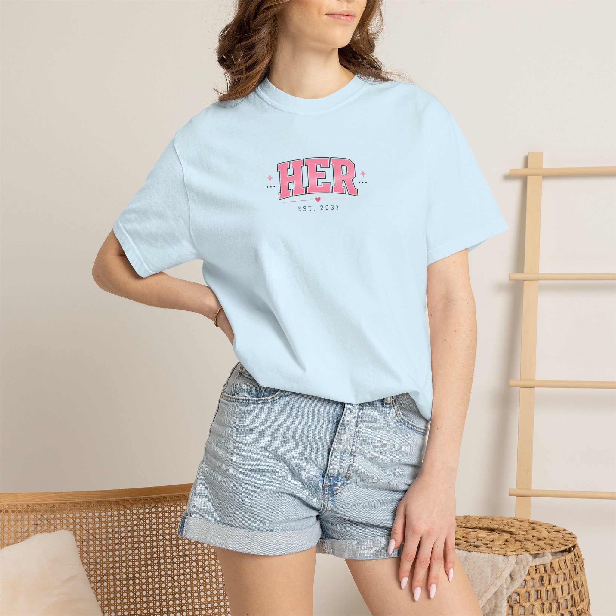 (Sky Blue) HER Graphic T-Shirt — Pink Lip Art Vintage Logo Tee