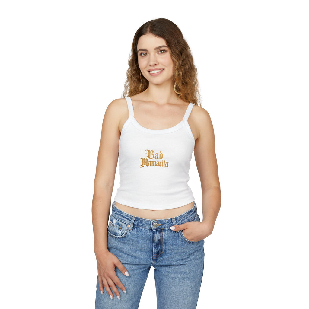 (White) Bad Mamacita Spaghetti Strap Tank Top – Cute Gold Gothic Graphic Crop