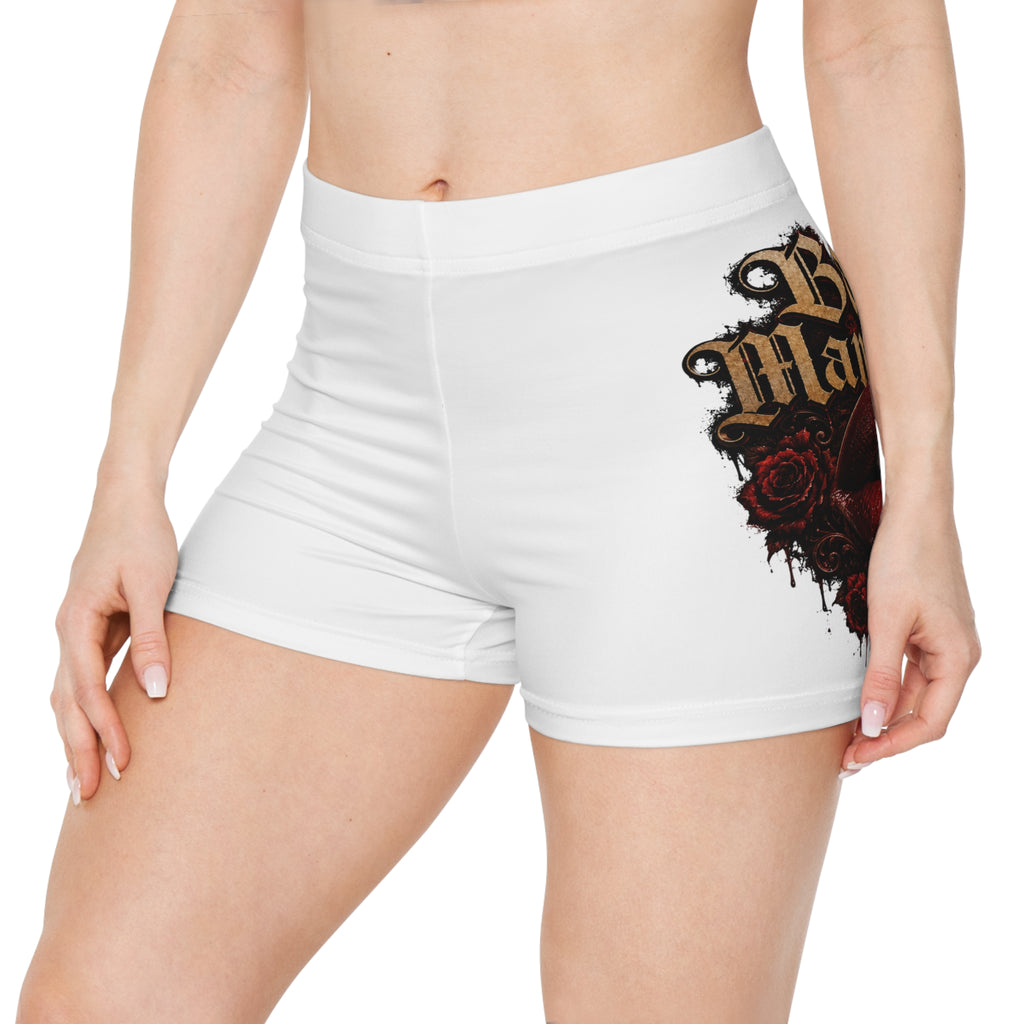 (White) Bad Mamacita Women's Shorts — Gothic Rose Lip Graphic All-Over Print