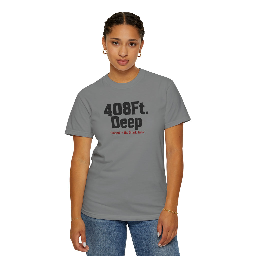 (Grey) 408 Ft. Deep Shark Tank T-Shirt — Raised in the Shark Tank Graphic Tee