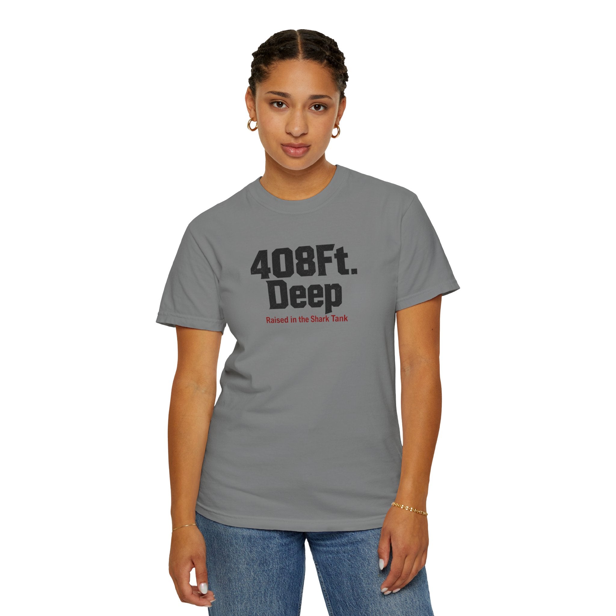 (Grey) 408 Ft. Deep Shark Tank T-Shirt — Raised in the Shark Tank Graphic Tee