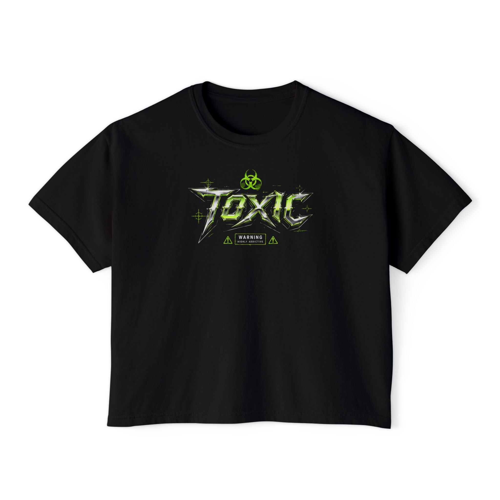 Black Toxic Graphic Tee — 'Pretty But Poisonous' Green Biohazard Boxy Top