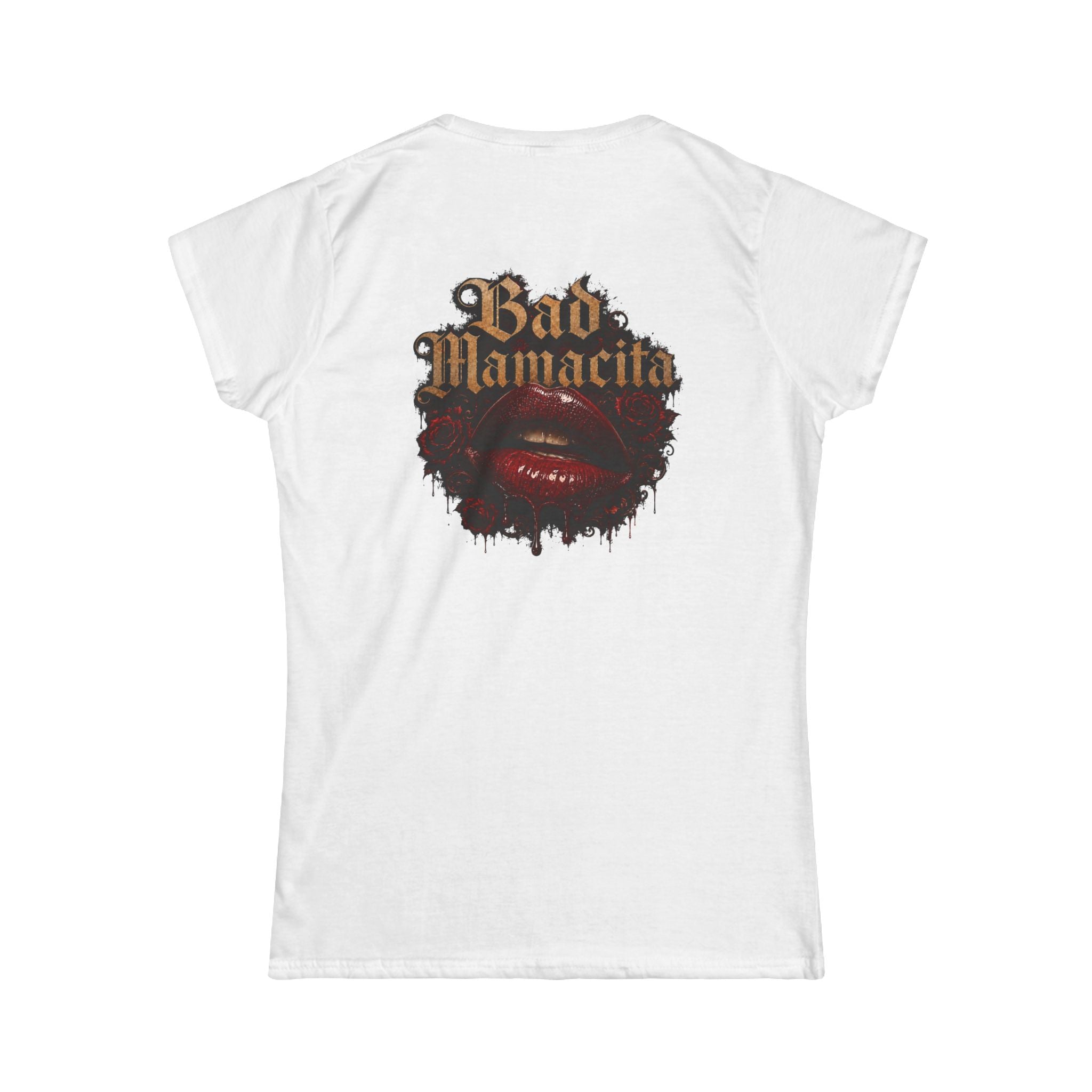(White) Women's Tee — "Bad Mamacita" Gothic Script & Red Lips Graphic