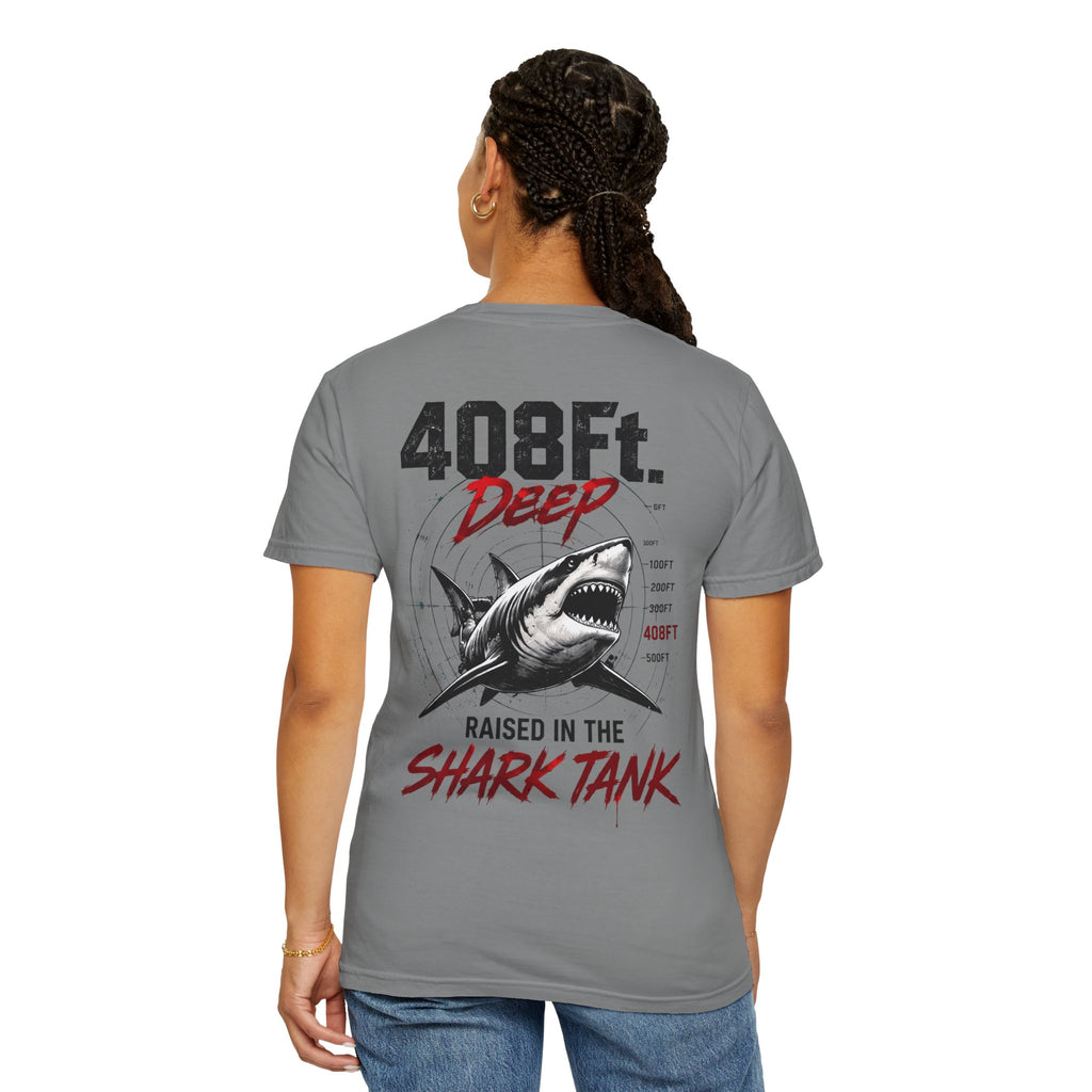 (Grey) 408 Ft. Deep Shark Tank T-Shirt — Raised in the Shark Tank Graphic Tee