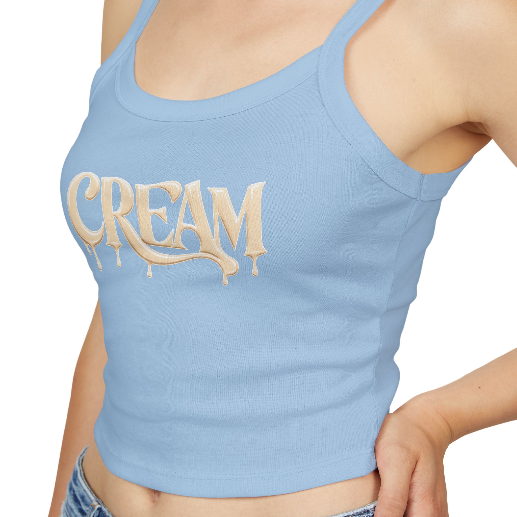 (Sky Blue) Cream Drip Graphic Tank Top — Women's Spaghetti-Strap Crop
