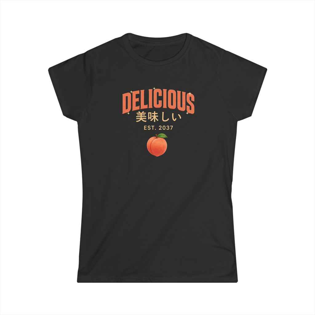 (Black) Delicious Peach Graphic Tee — Japanese 美味しい Vintage Fruit Shirt