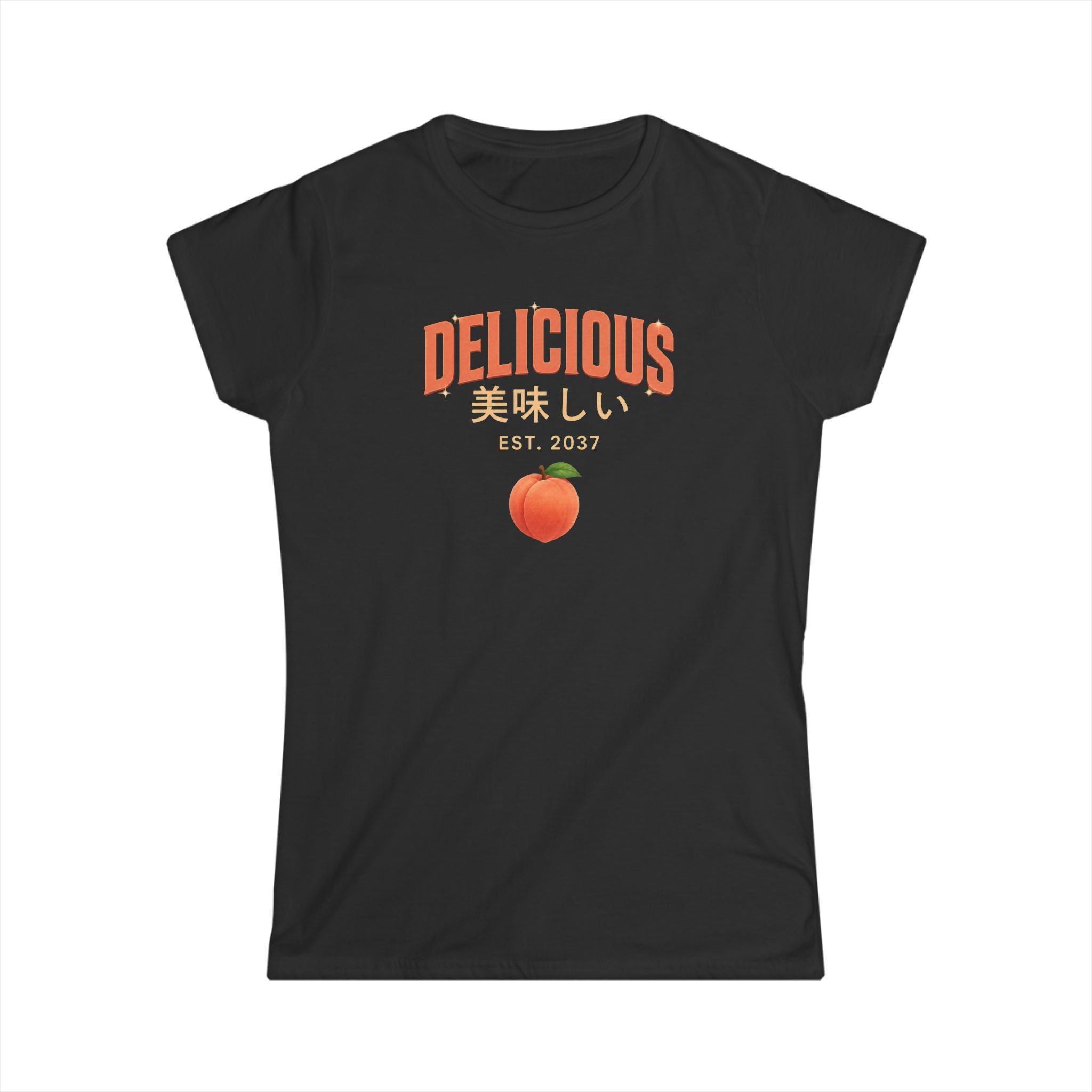 (Black) Delicious Peach Graphic Tee — Japanese 美味しい Vintage Fruit Shirt
