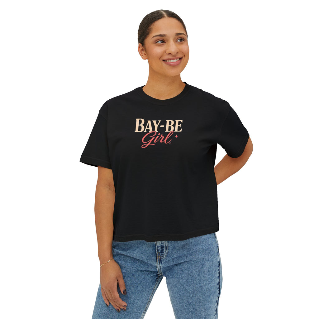 Black Bay-Be Girl Boxy Tee — West Coast Summer Graphic Tee (Golden Gate Design)