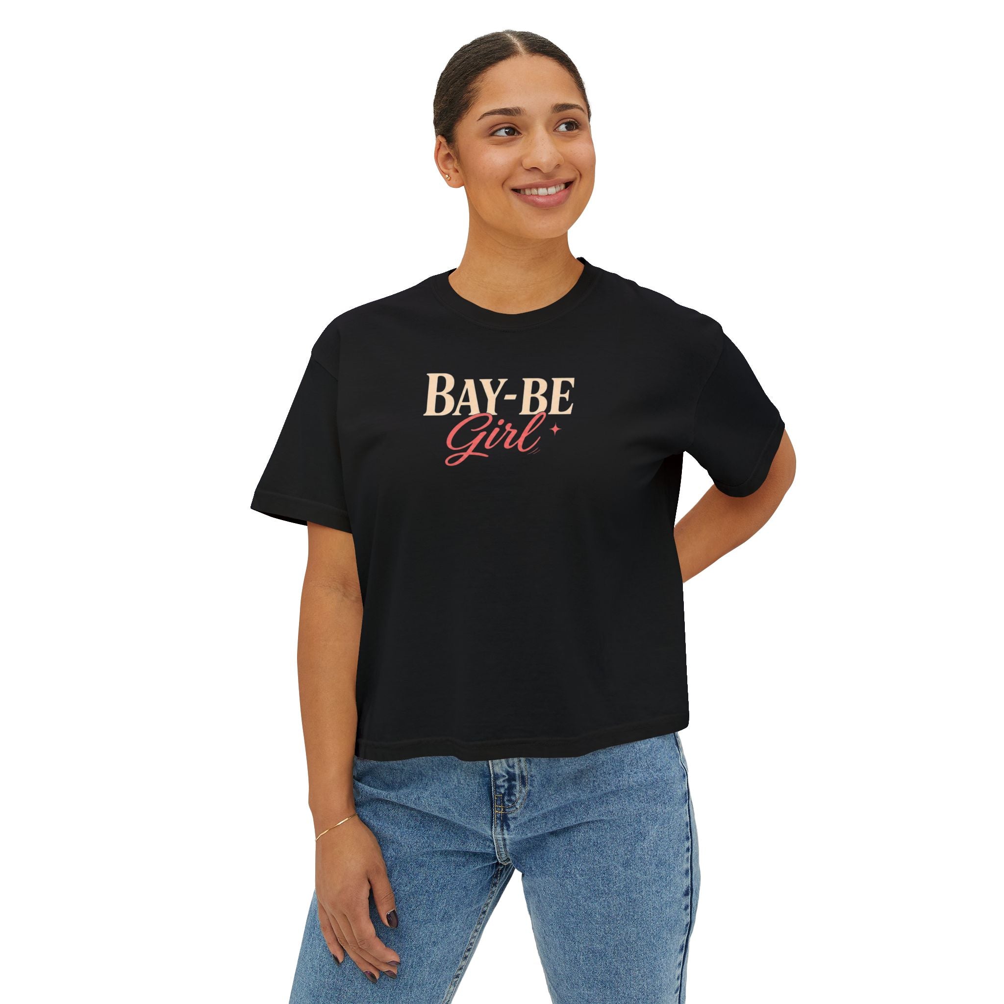 Black Bay-Be Girl Boxy Tee — West Coast Summer Graphic Tee (Golden Gate Design)