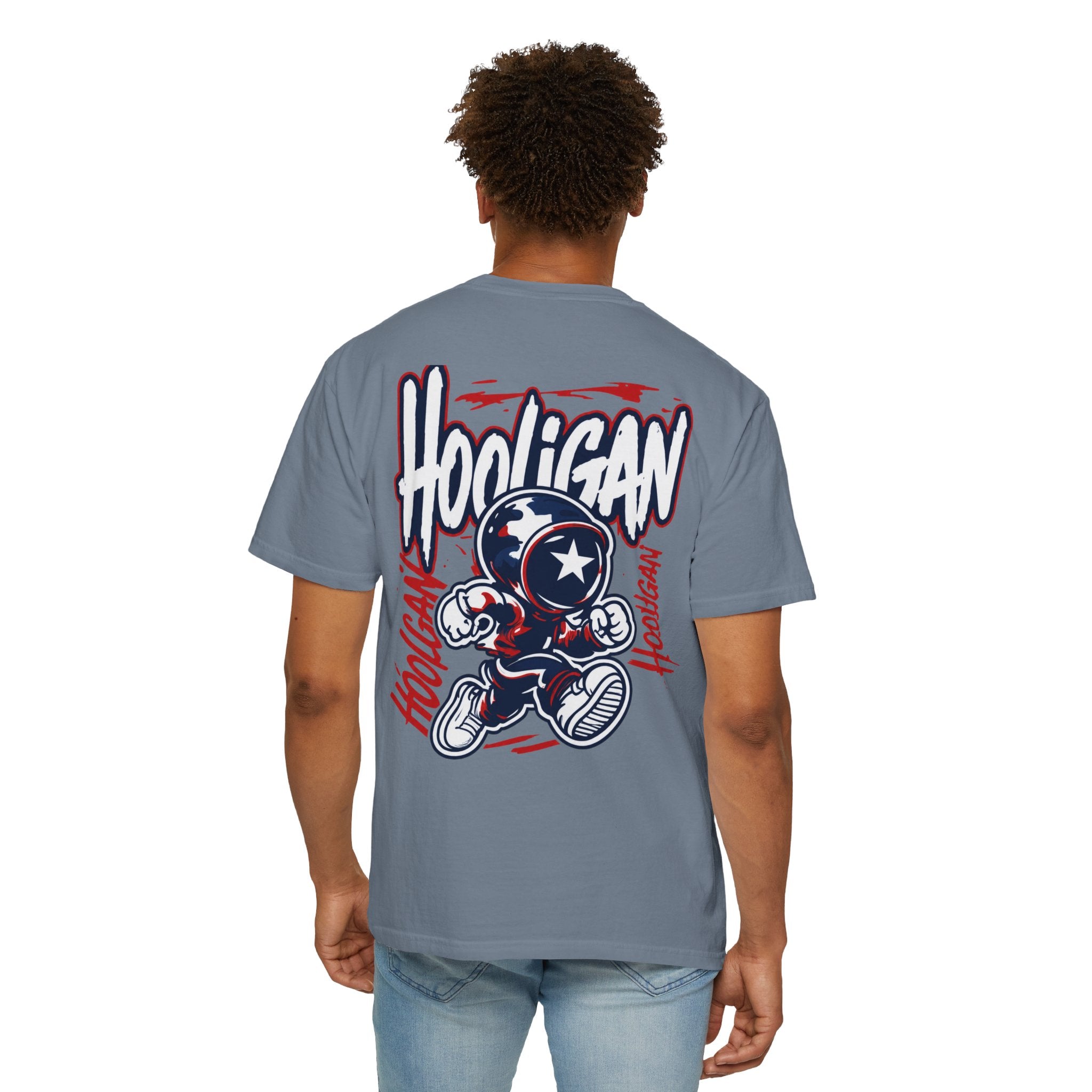 Jean Blue Hooligan Graphic T-Shirt — Retro Street Art Astronaut Design