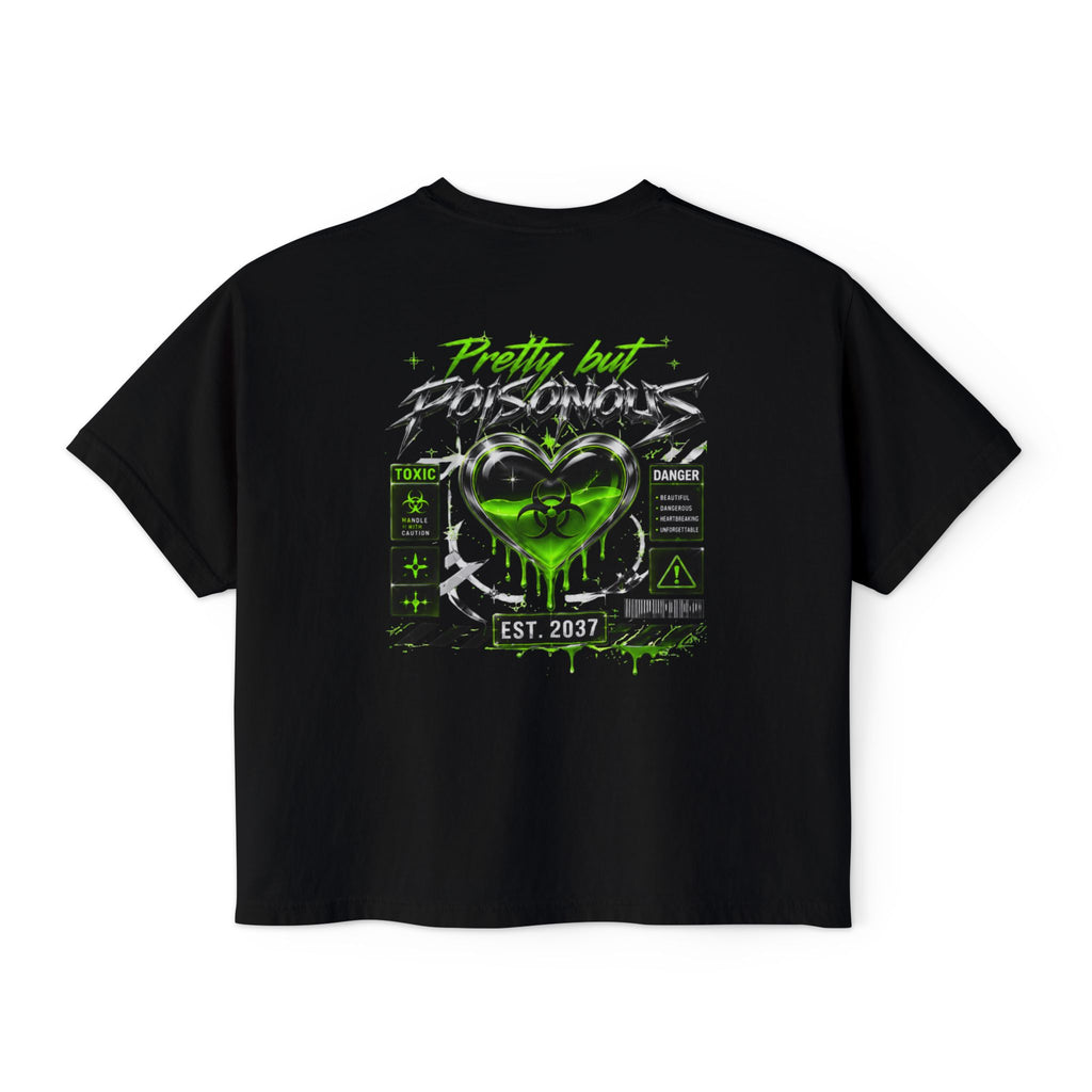 Black Toxic Graphic Tee — 'Pretty But Poisonous' Green Biohazard Boxy Top