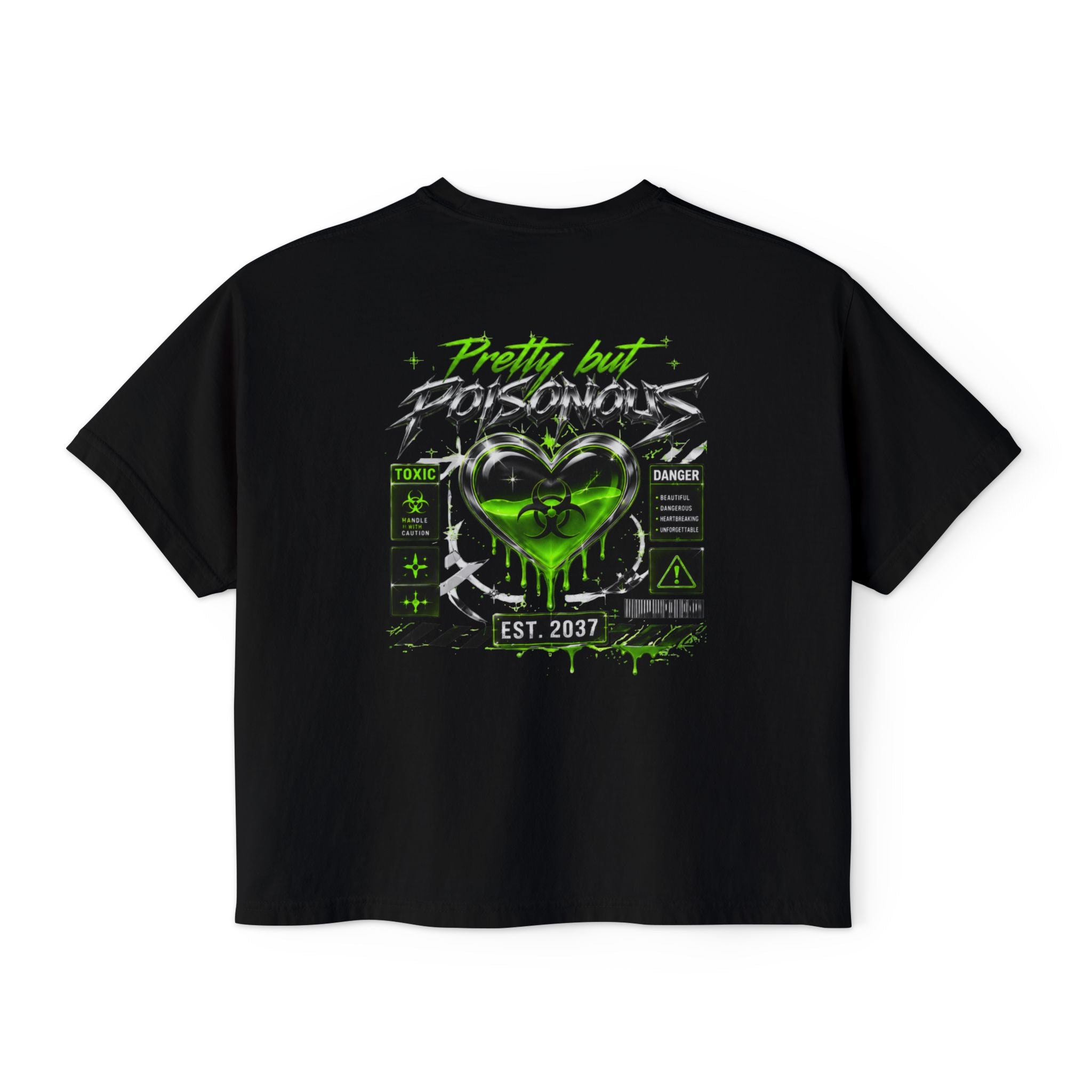 Black Toxic Graphic Tee — 'Pretty But Poisonous' Green Biohazard Boxy Top