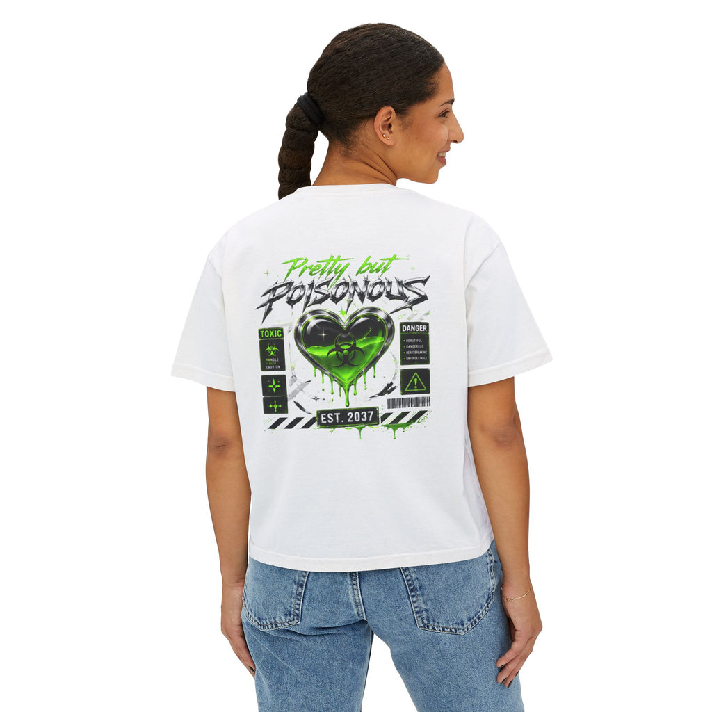 White Toxic Graphic Tee — 'Pretty But Poisonous' Green Biohazard Boxy Top