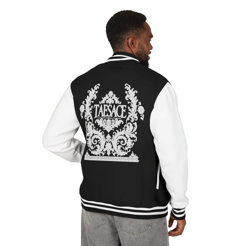 (Black & White) Letterman Jacket - Tarnce Crest Varsity Bomber with Ornate Back Emblem
