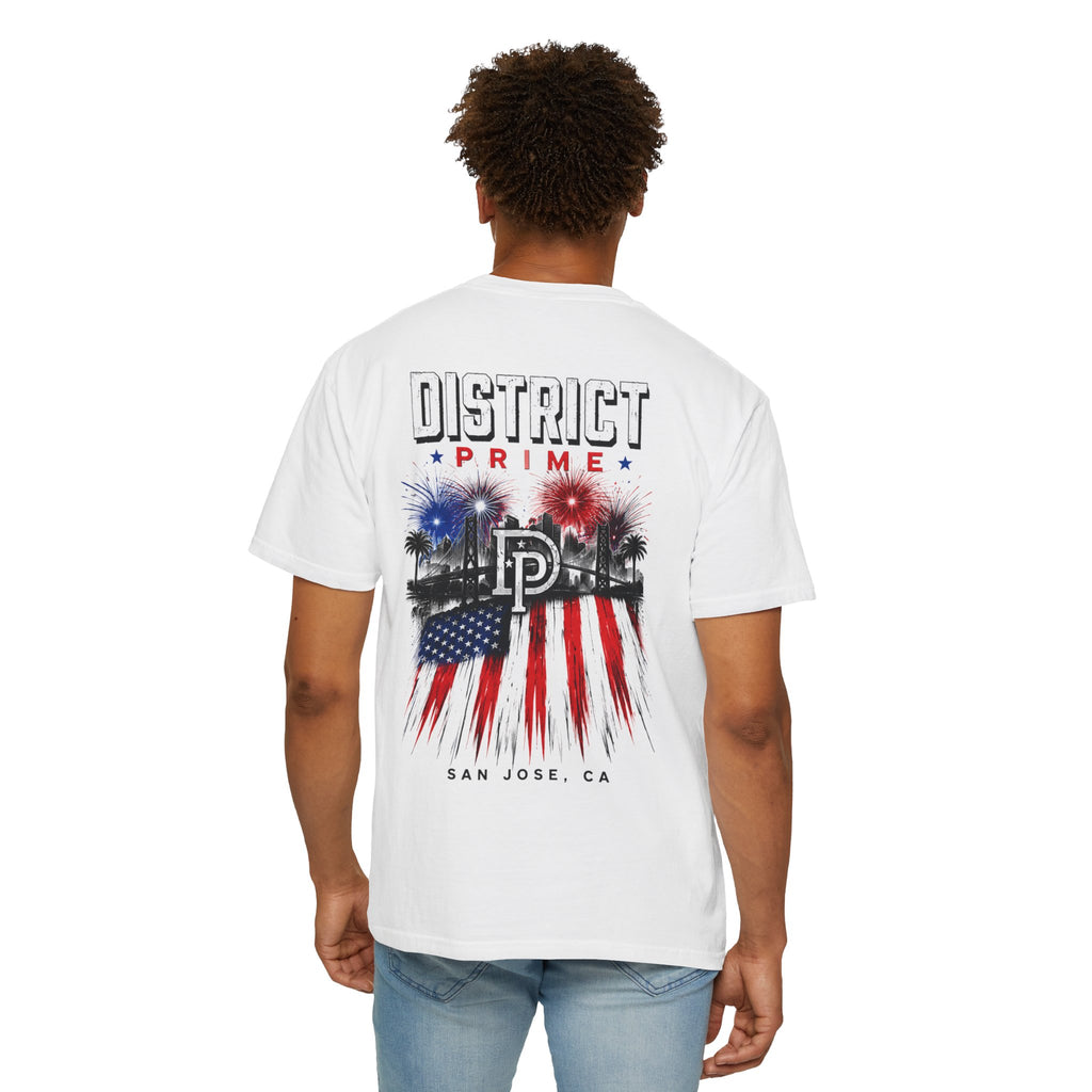 White District Prime San Jose T-Shirt — American Flag Palm Tree Graphic Tee
