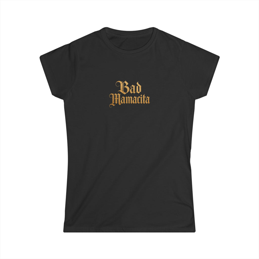 (Black) Women's Tee — "Bad Mamacita" Gothic Script & Red Lips Graphic