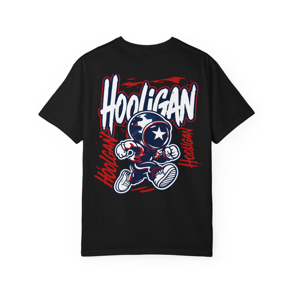 Black Hooligan Graphic T-Shirt — Retro Street Art Astronaut Design