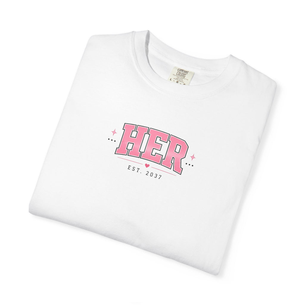 (White) HER Graphic T-Shirt — Pink Lip Art Vintage Logo Tee