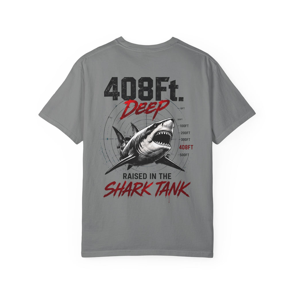 (Grey) 408 Ft. Deep Shark Tank T-Shirt — Raised in the Shark Tank Graphic Tee