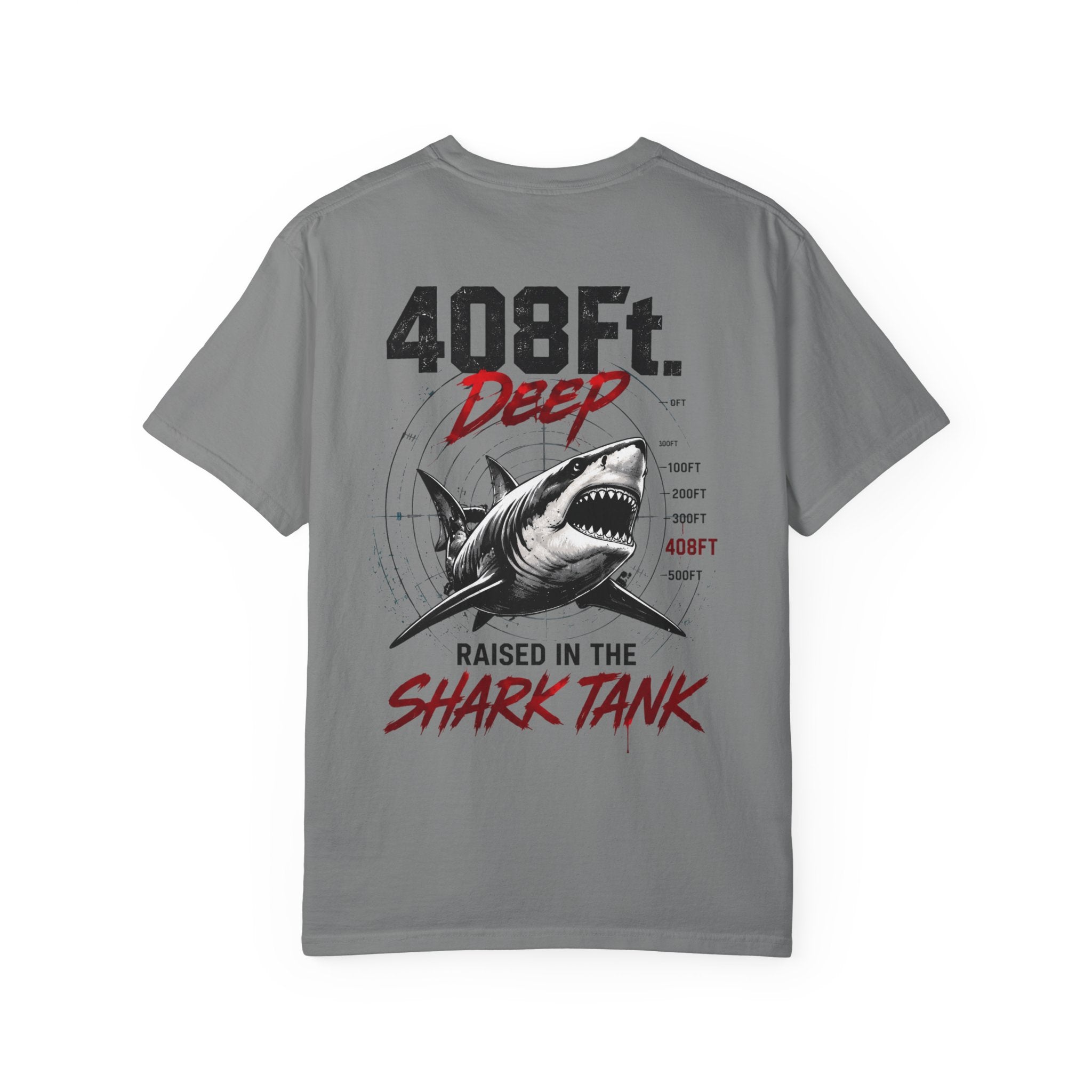 (Grey) 408 Ft. Deep Shark Tank T-Shirt — Raised in the Shark Tank Graphic Tee