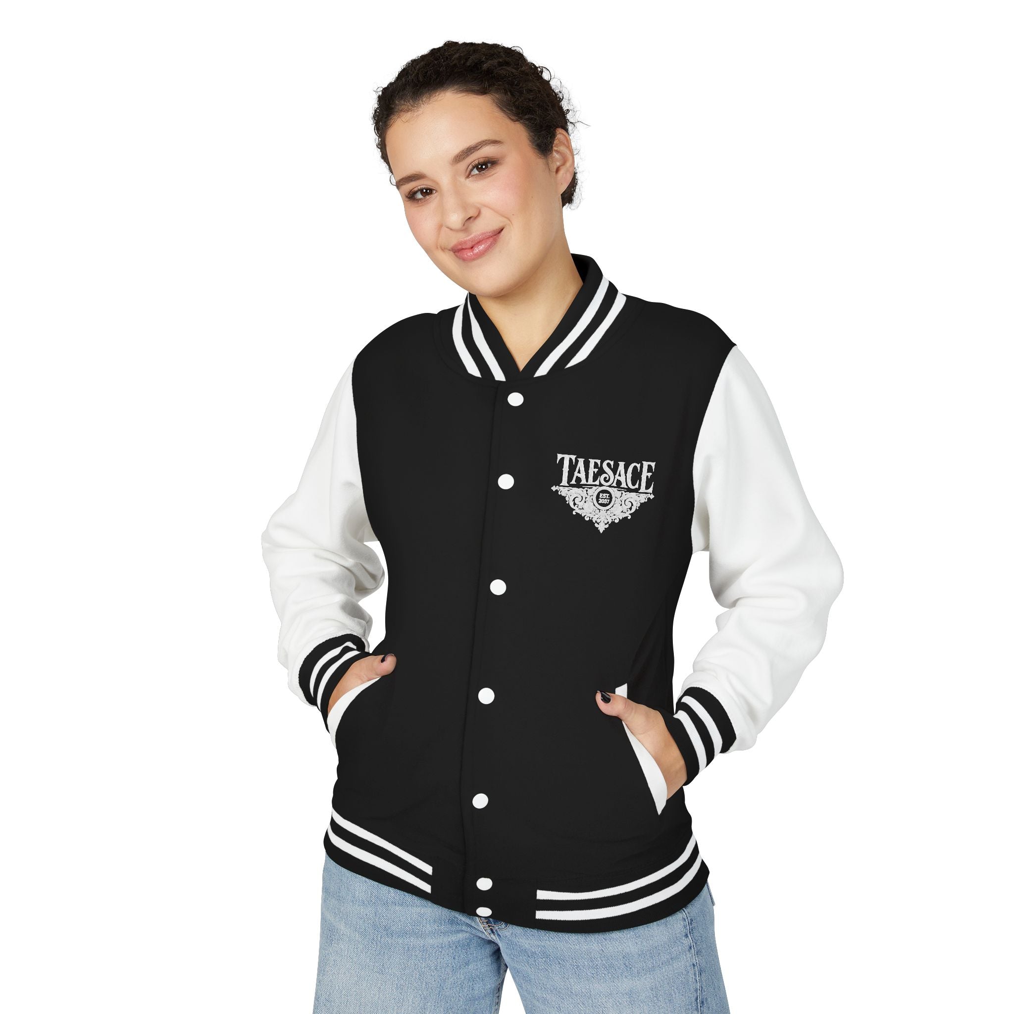 (Black & White) Letterman Jacket - Tarnce Crest Varsity Bomber with Ornate Back Emblem