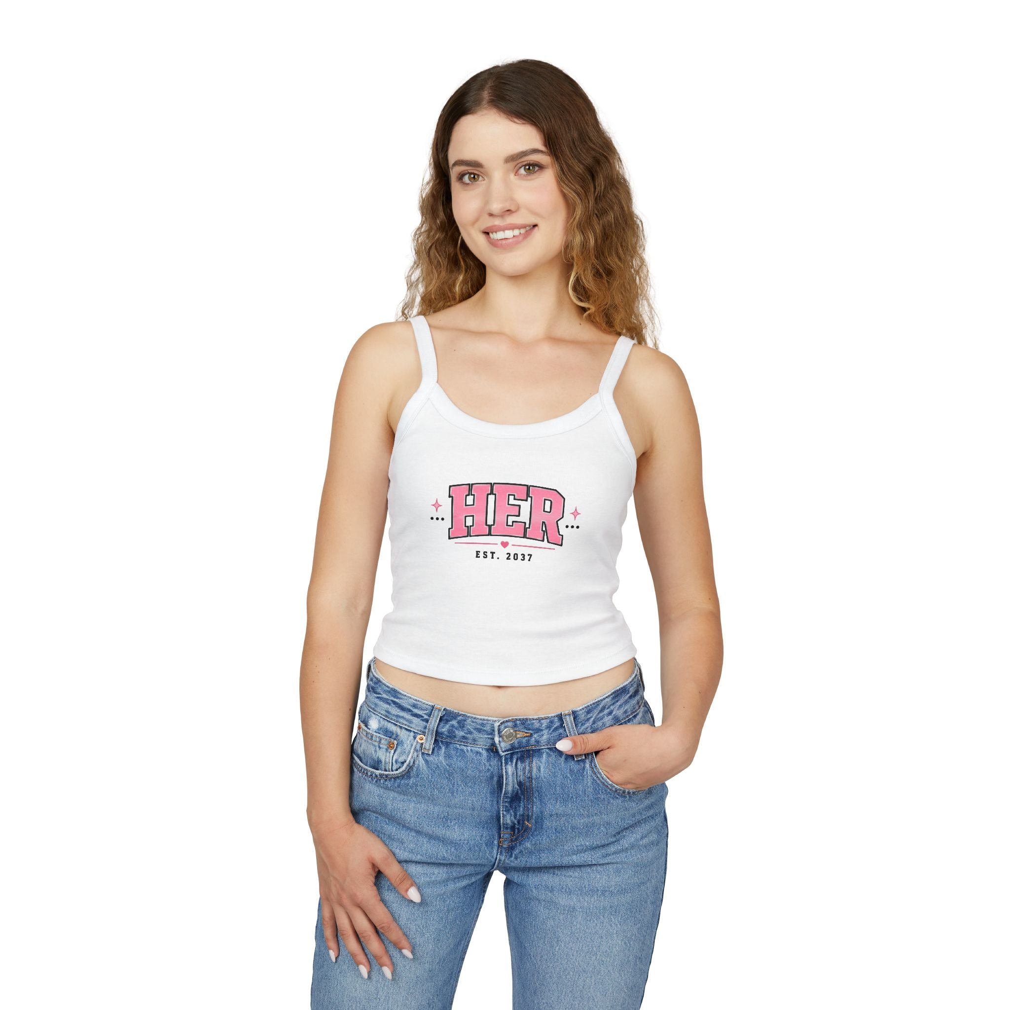 (White) HER Est. 2023 Spaghetti Strap Tank Top — Pink Retro Graphic Crop