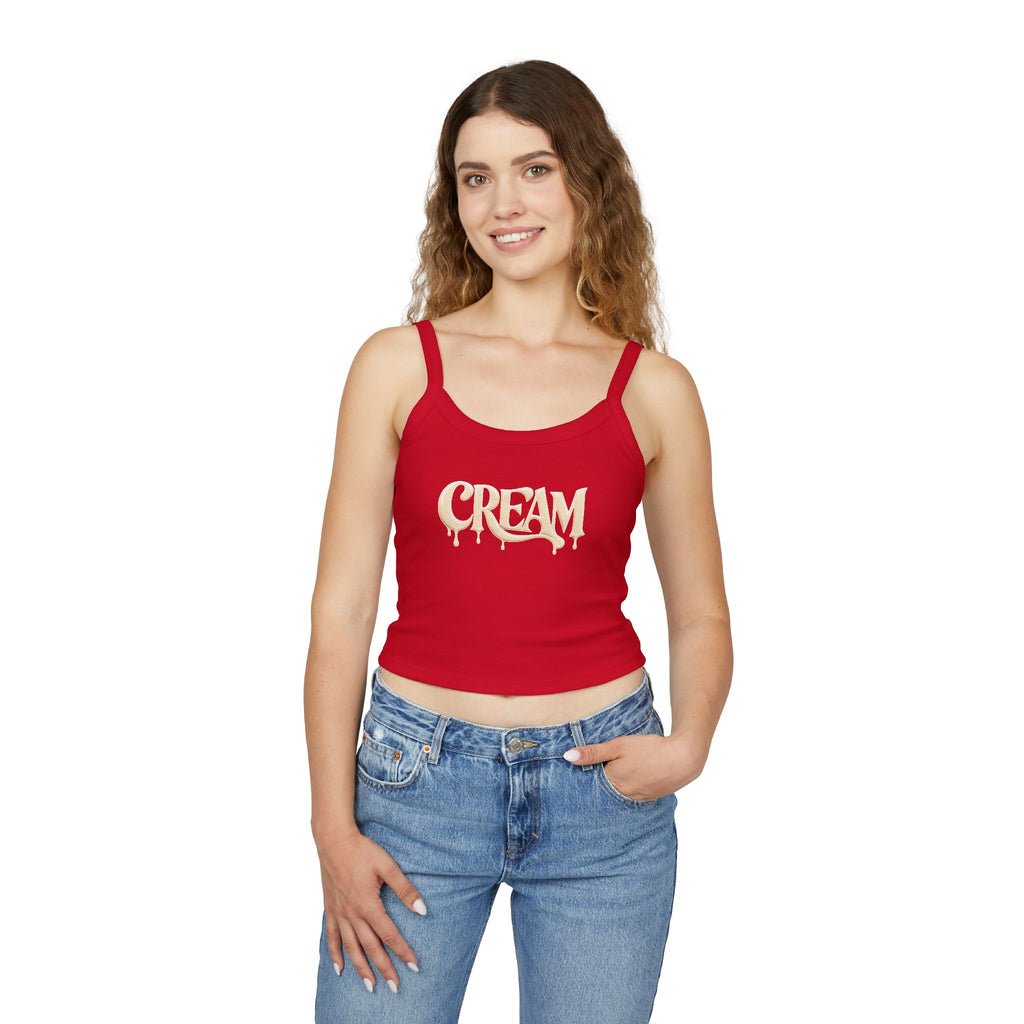 (Red) Cream Drip Graphic Tank Top — Women's Spaghetti-Strap Crop