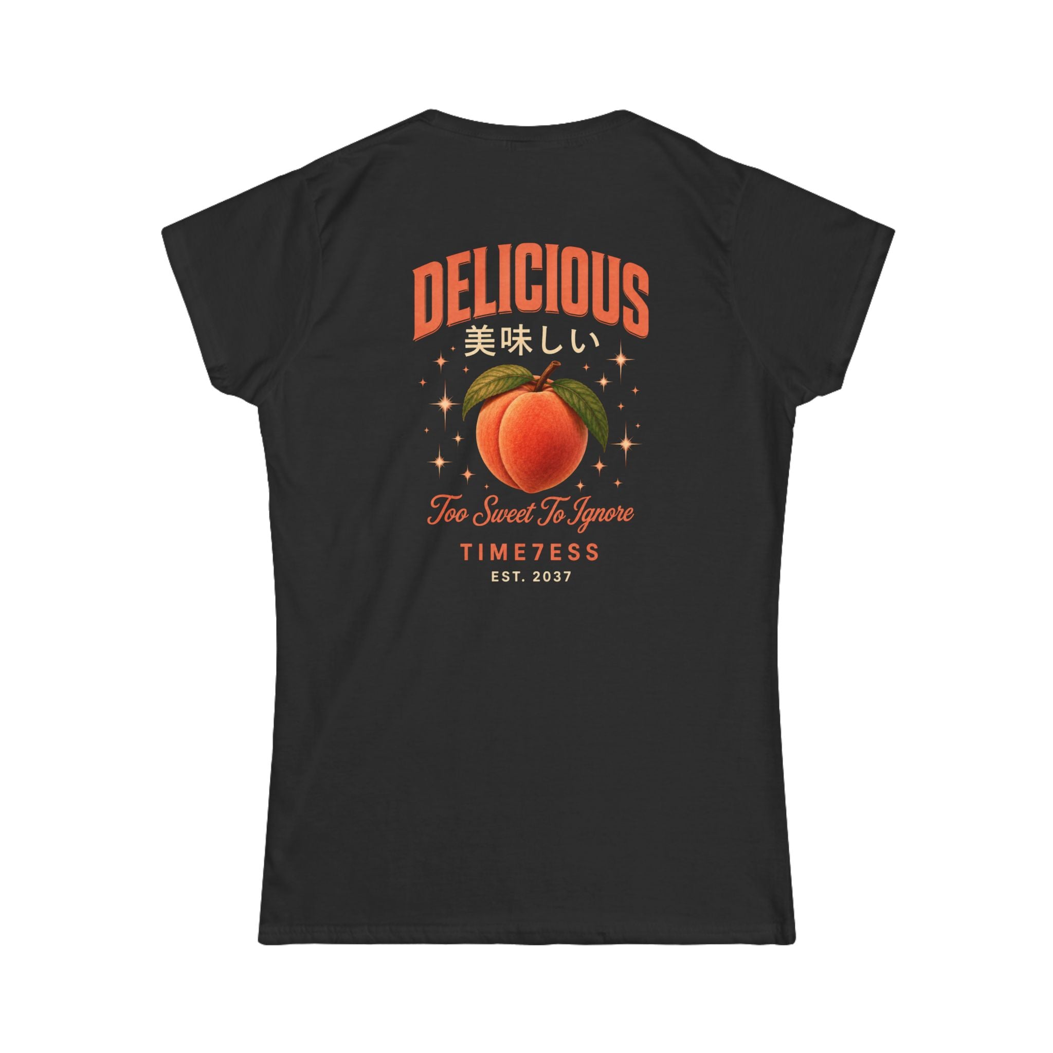 (Black) Delicious Peach Graphic Tee — Japanese 美味しい Vintage Fruit Shirt