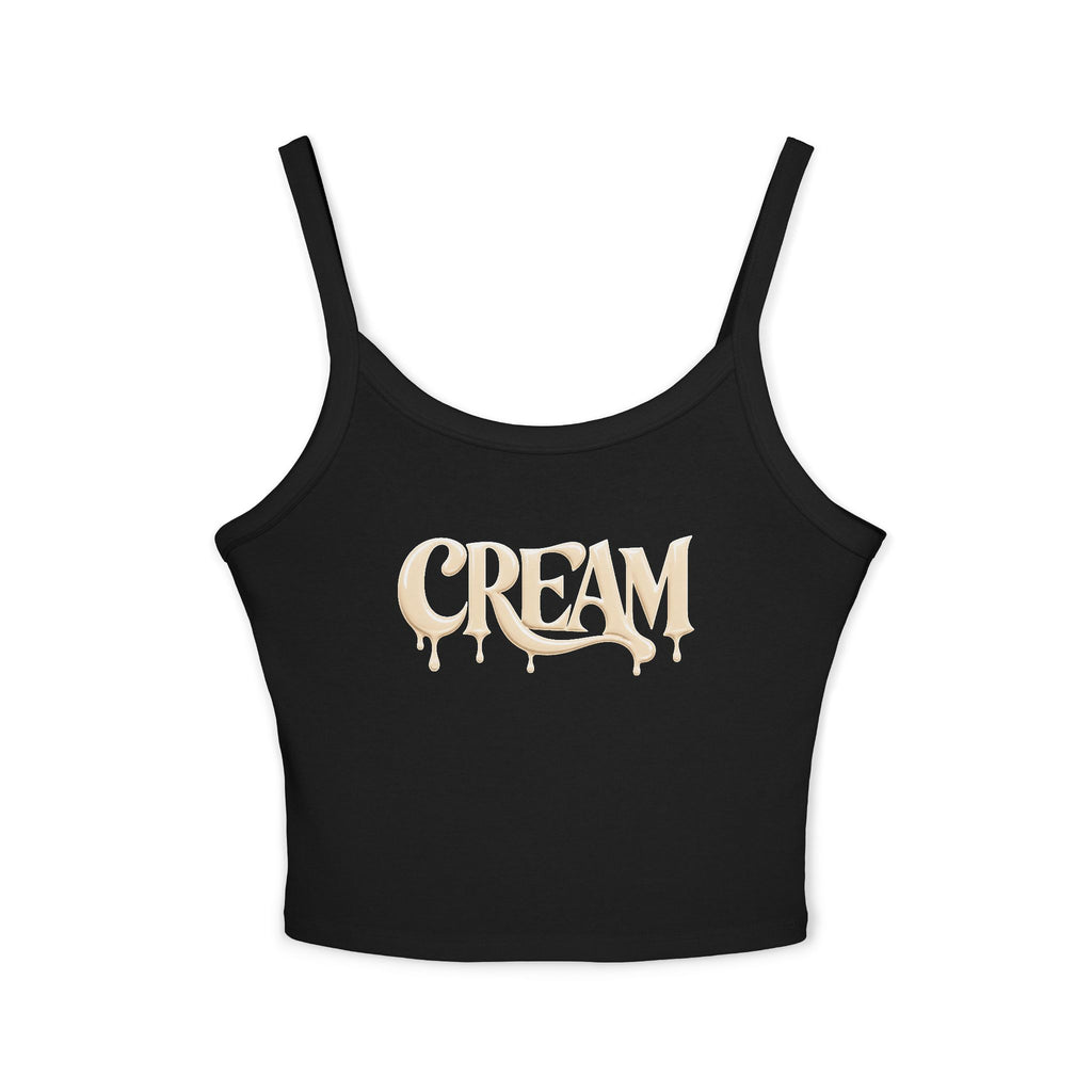 (Black) Cream Drip Graphic Tank Top — Women's Spaghetti-Strap Crop