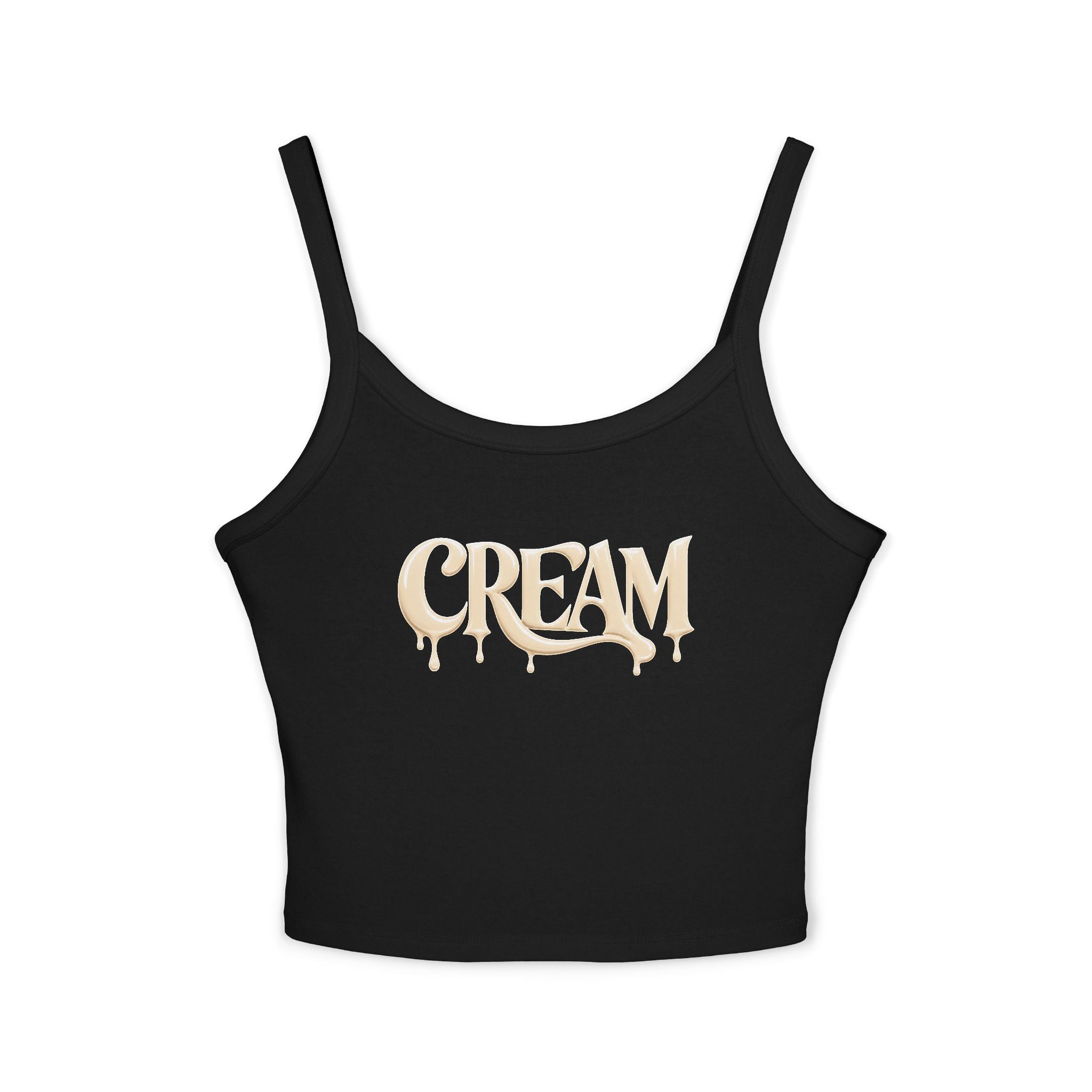 (Black) Cream Drip Graphic Tank Top — Women's Spaghetti-Strap Crop