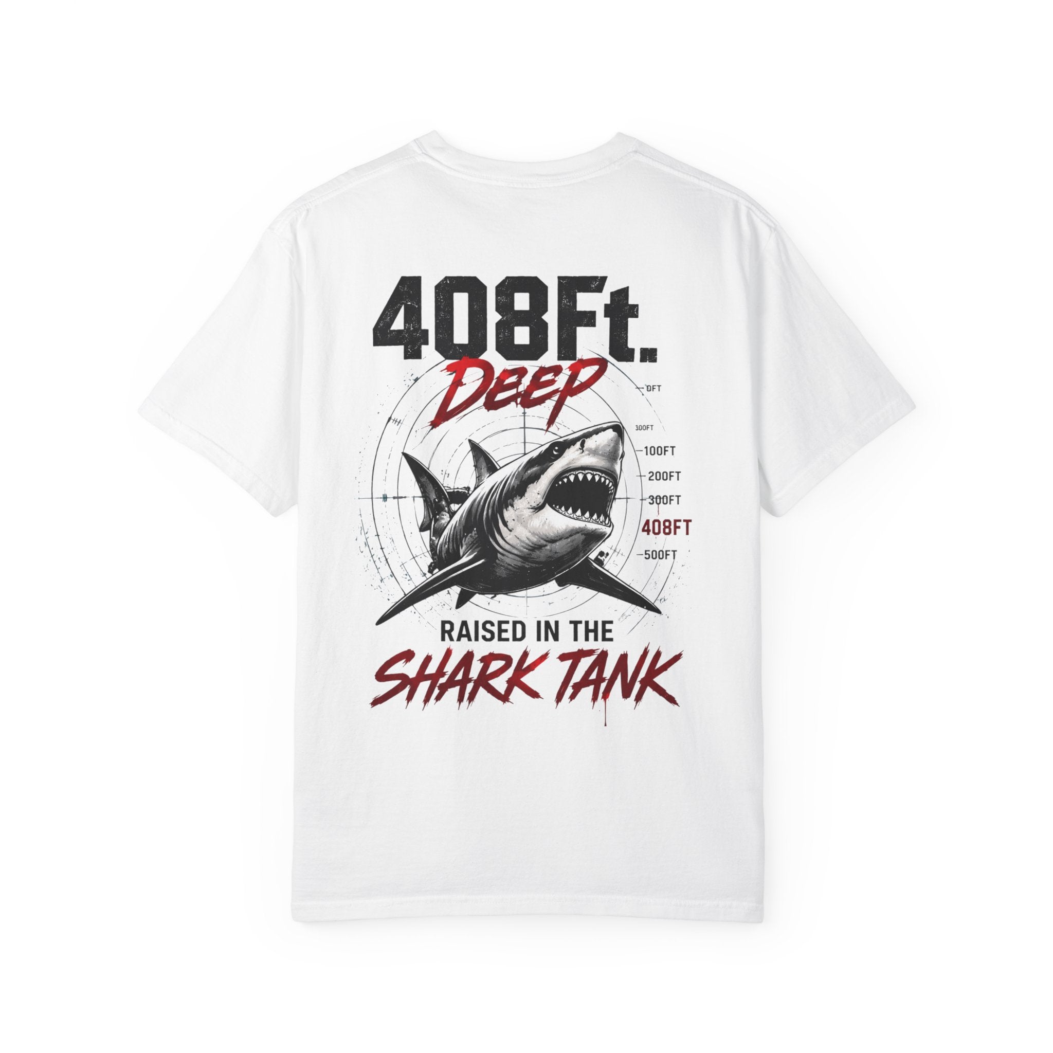 (White) 408 Ft. Deep Shark Tank T-Shirt — Raised in the Shark Tank Graphic Tee