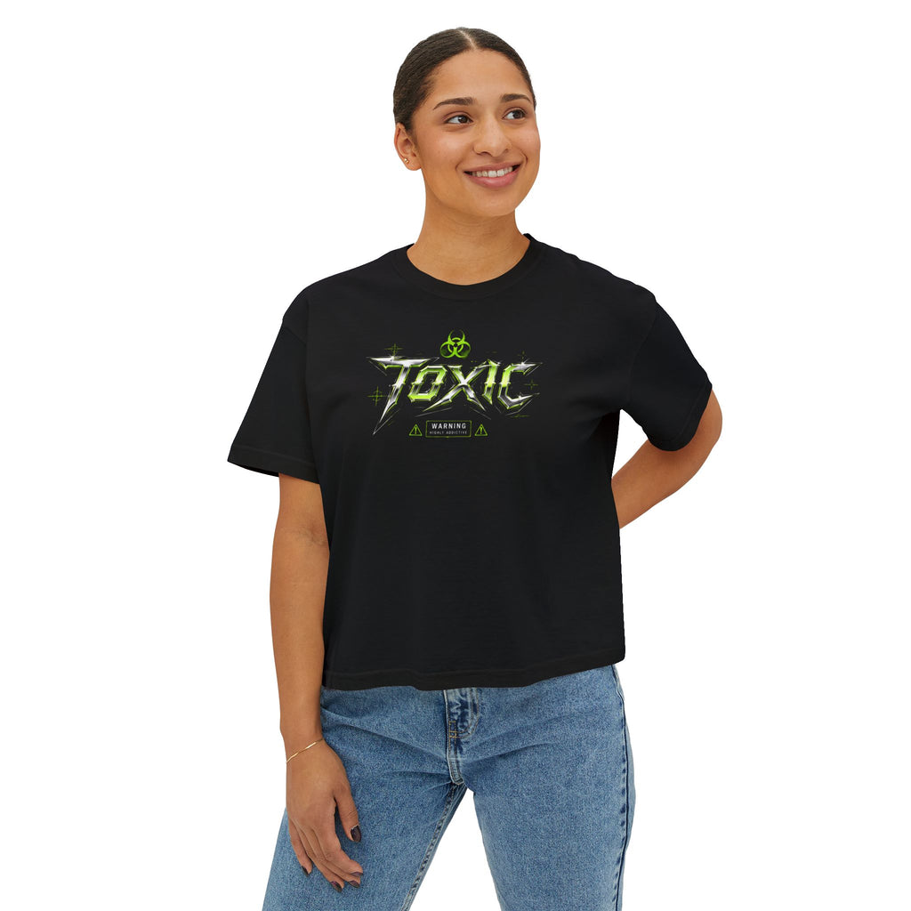 Black Toxic Graphic Tee — 'Pretty But Poisonous' Green Biohazard Boxy Top
