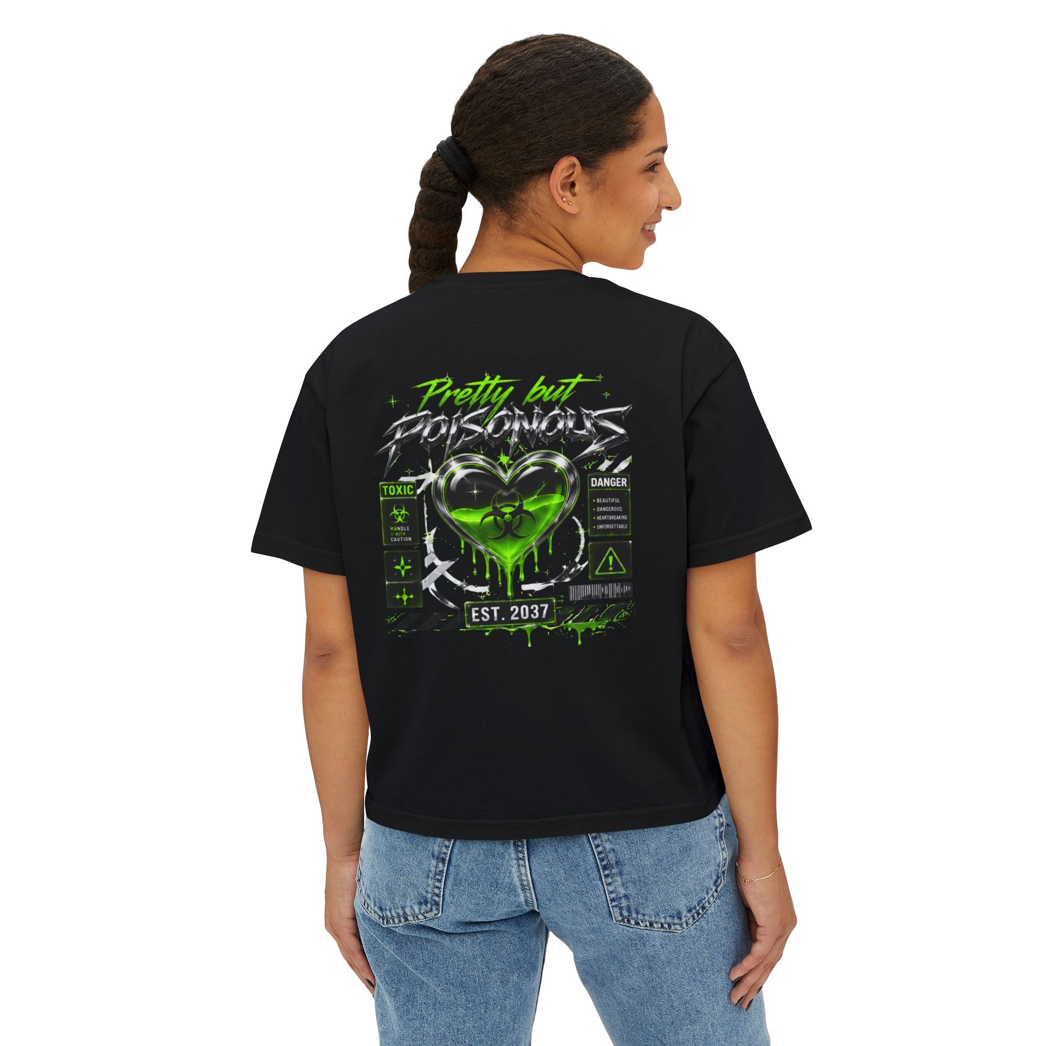 Black Toxic Graphic Tee — 'Pretty But Poisonous' Green Biohazard Boxy Top