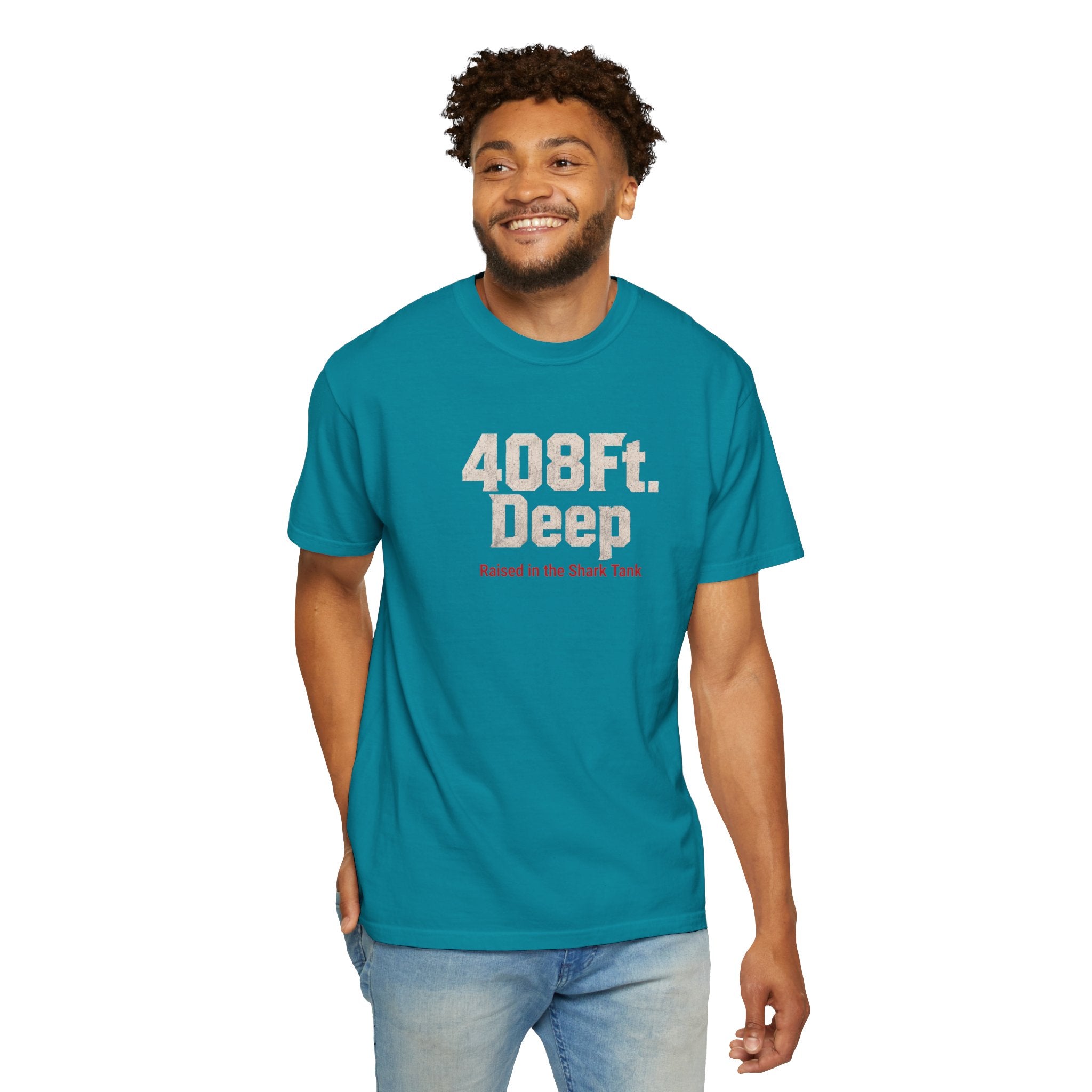 (Teal) 408 Ft. Deep Shark Tank T-Shirt — Raised in the Shark Tank Graphic Tee