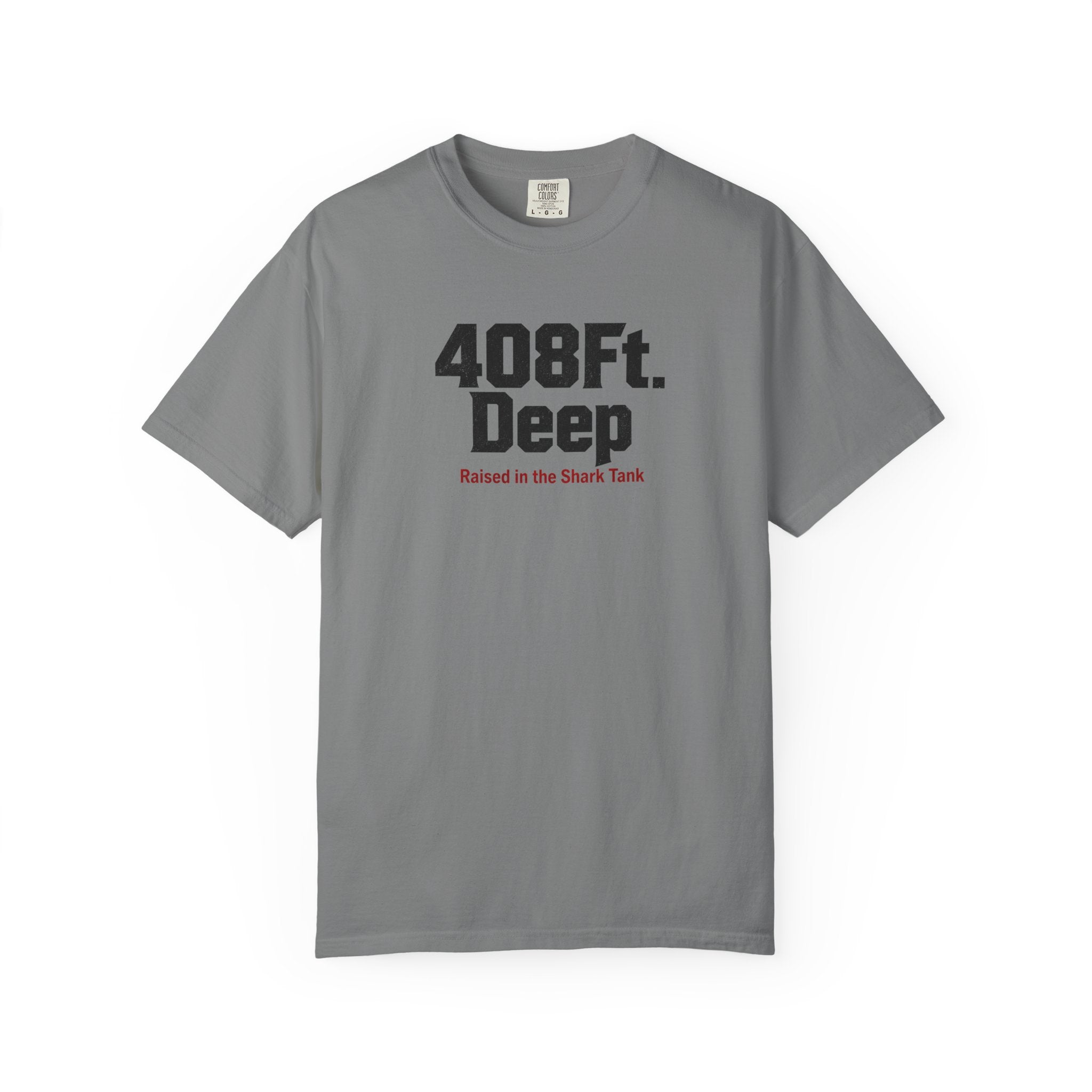 (Grey) 408 Ft. Deep Shark Tank T-Shirt — Raised in the Shark Tank Graphic Tee