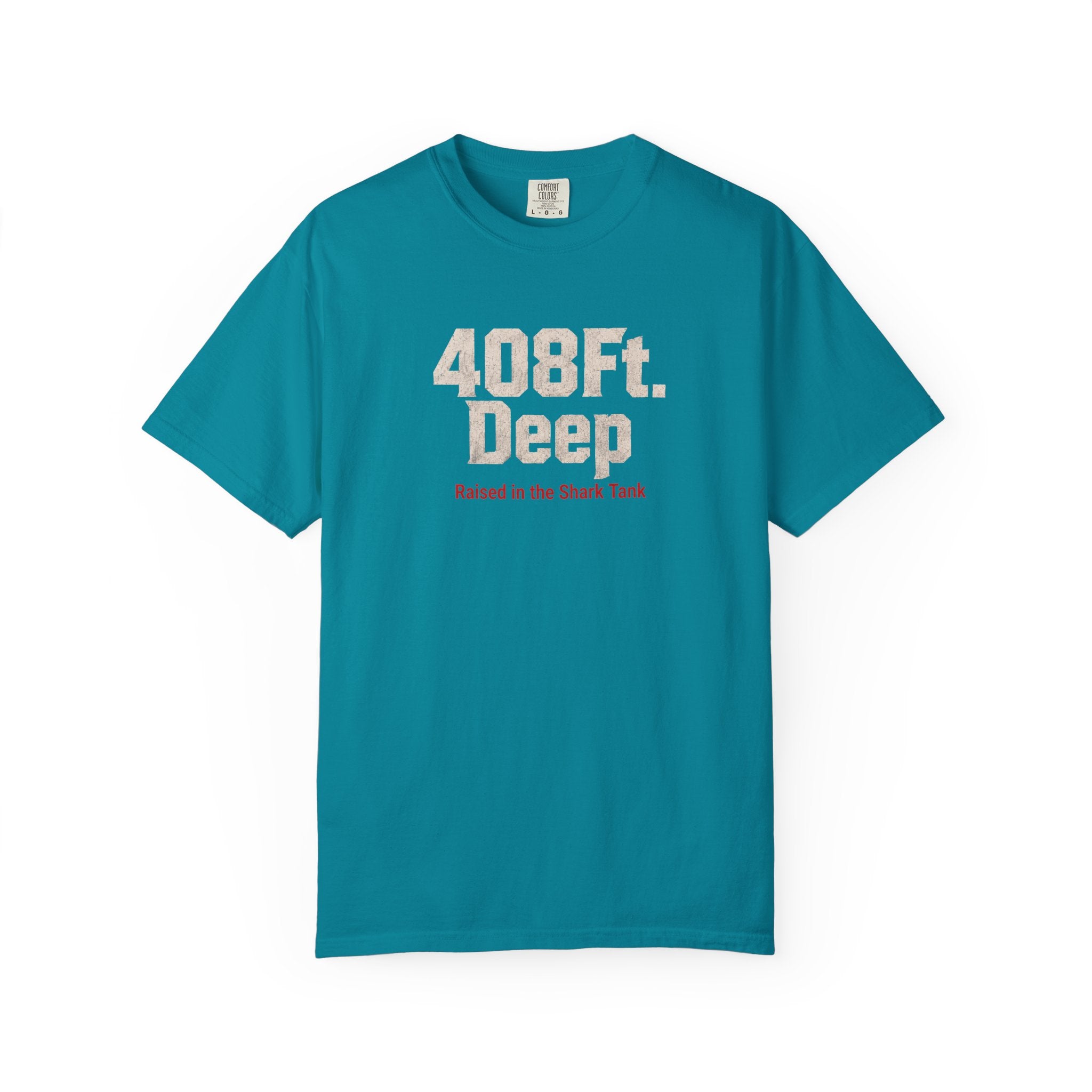 (Teal) 408 Ft. Deep Shark Tank T-Shirt — Raised in the Shark Tank Graphic Tee