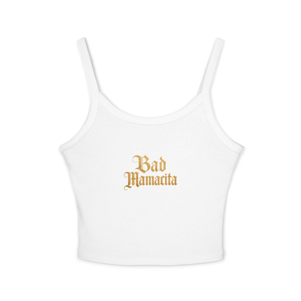 (White) Bad Mamacita Spaghetti Strap Tank Top – Cute Gold Gothic Graphic Crop