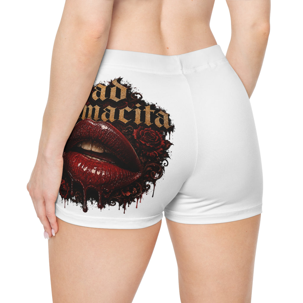 (White) Bad Mamacita Women's Shorts — Gothic Rose Lip Graphic All-Over Print