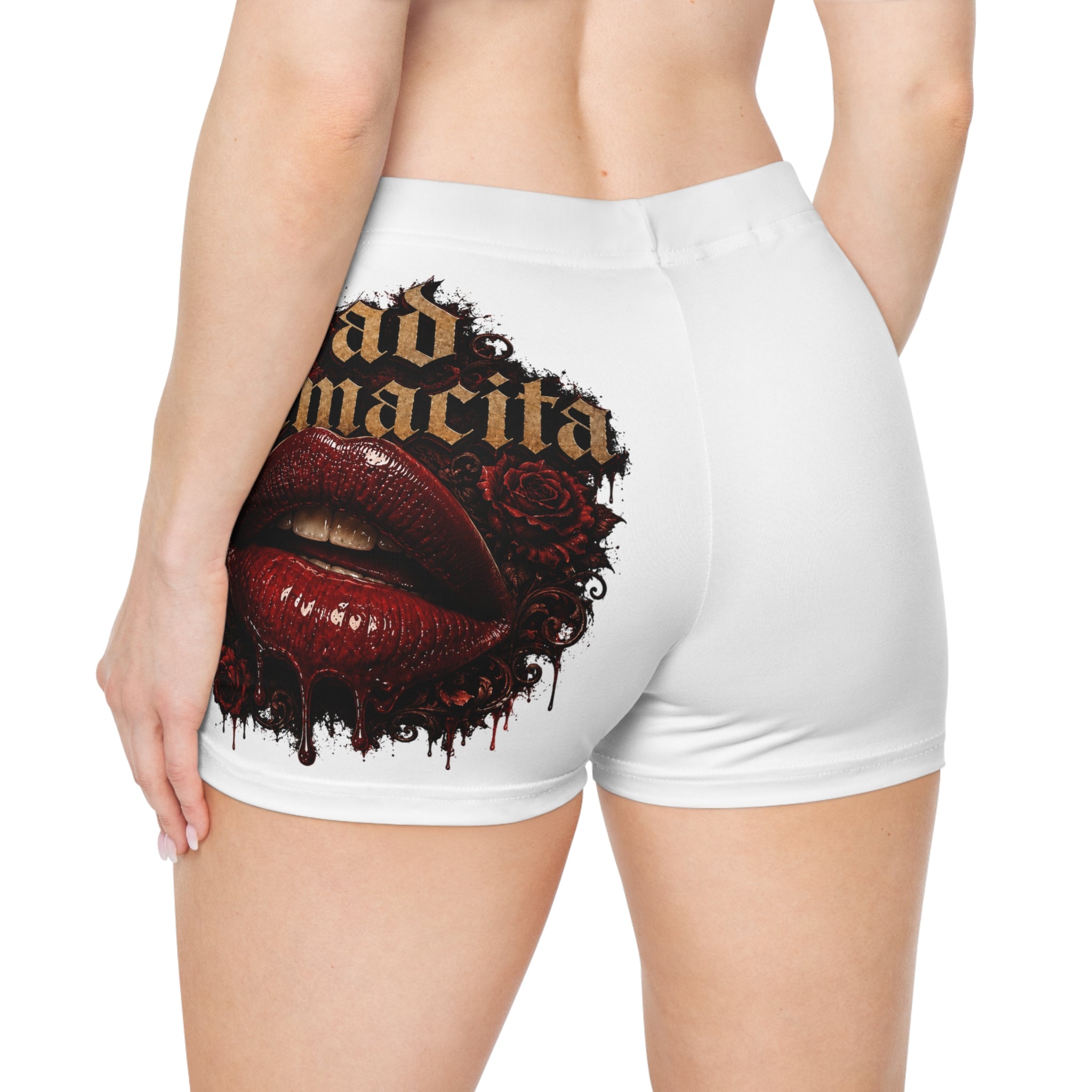 (White) Bad Mamacita Women's Shorts — Gothic Rose Lip Graphic All-Over Print