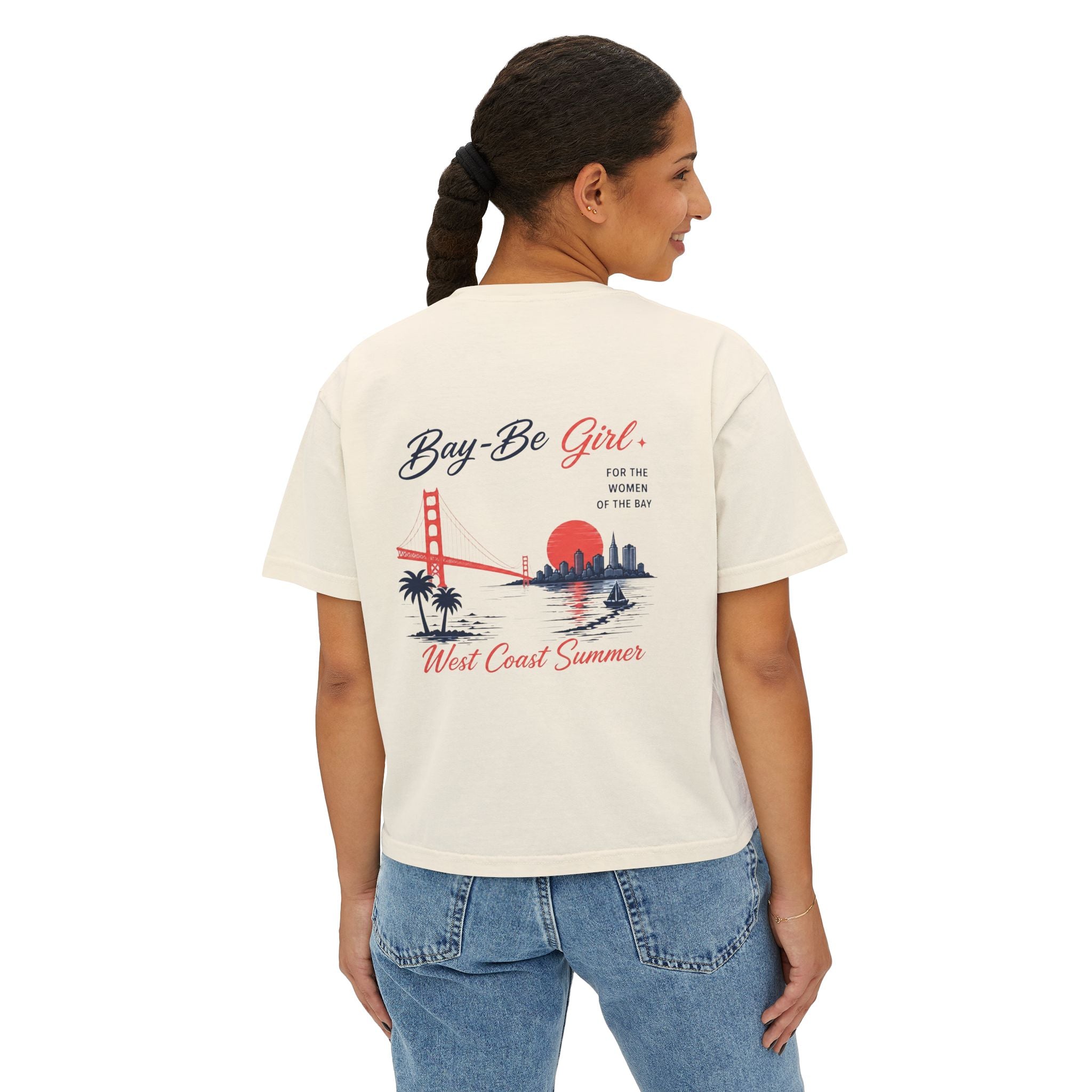 Ivory Bay-Be Girl Boxy Tee — West Coast Summer Graphic Tee (Golden Gate Design)