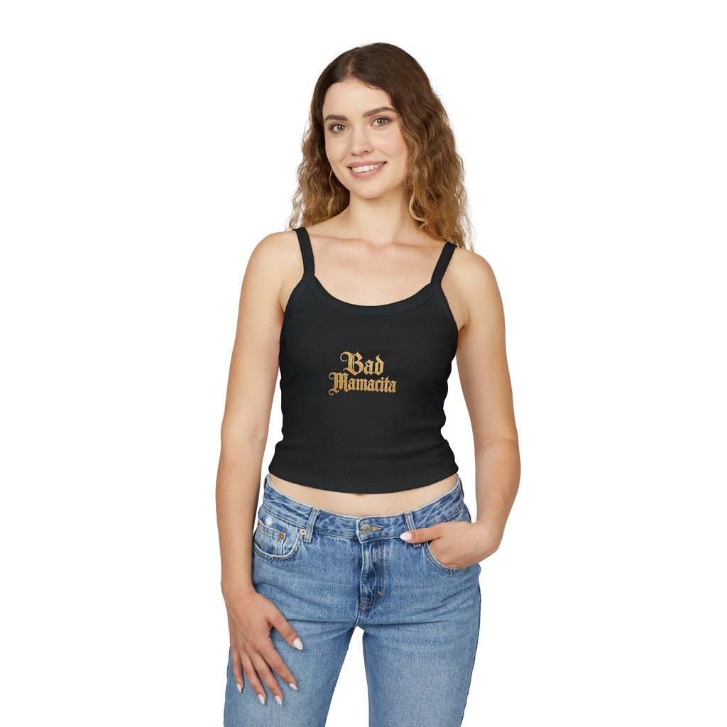 (Black) Bad Mamacita Spaghetti Strap Tank Top – Cute Gold Gothic Graphic Crop