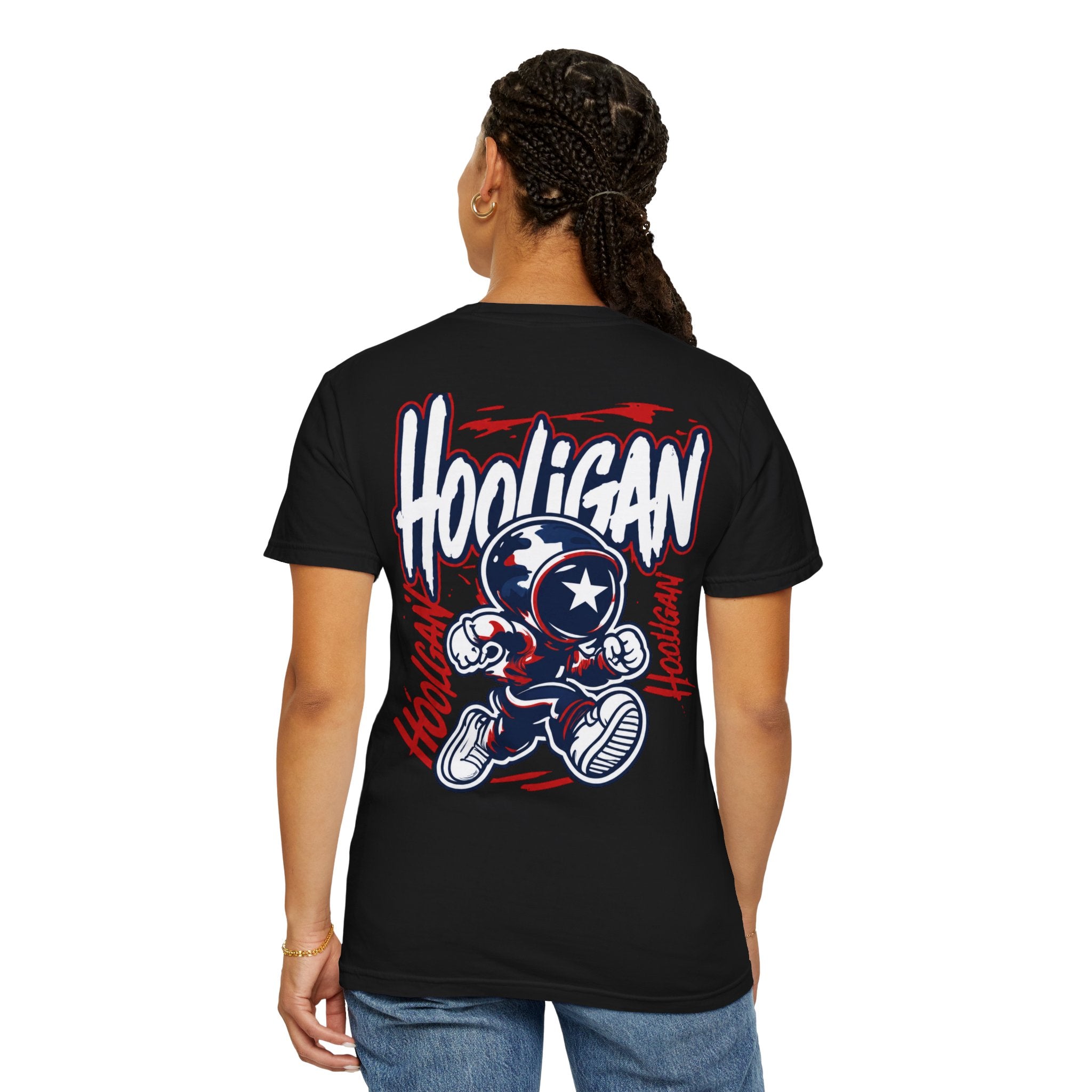 Black Hooligan Graphic T-Shirt — Retro Street Art Astronaut Design