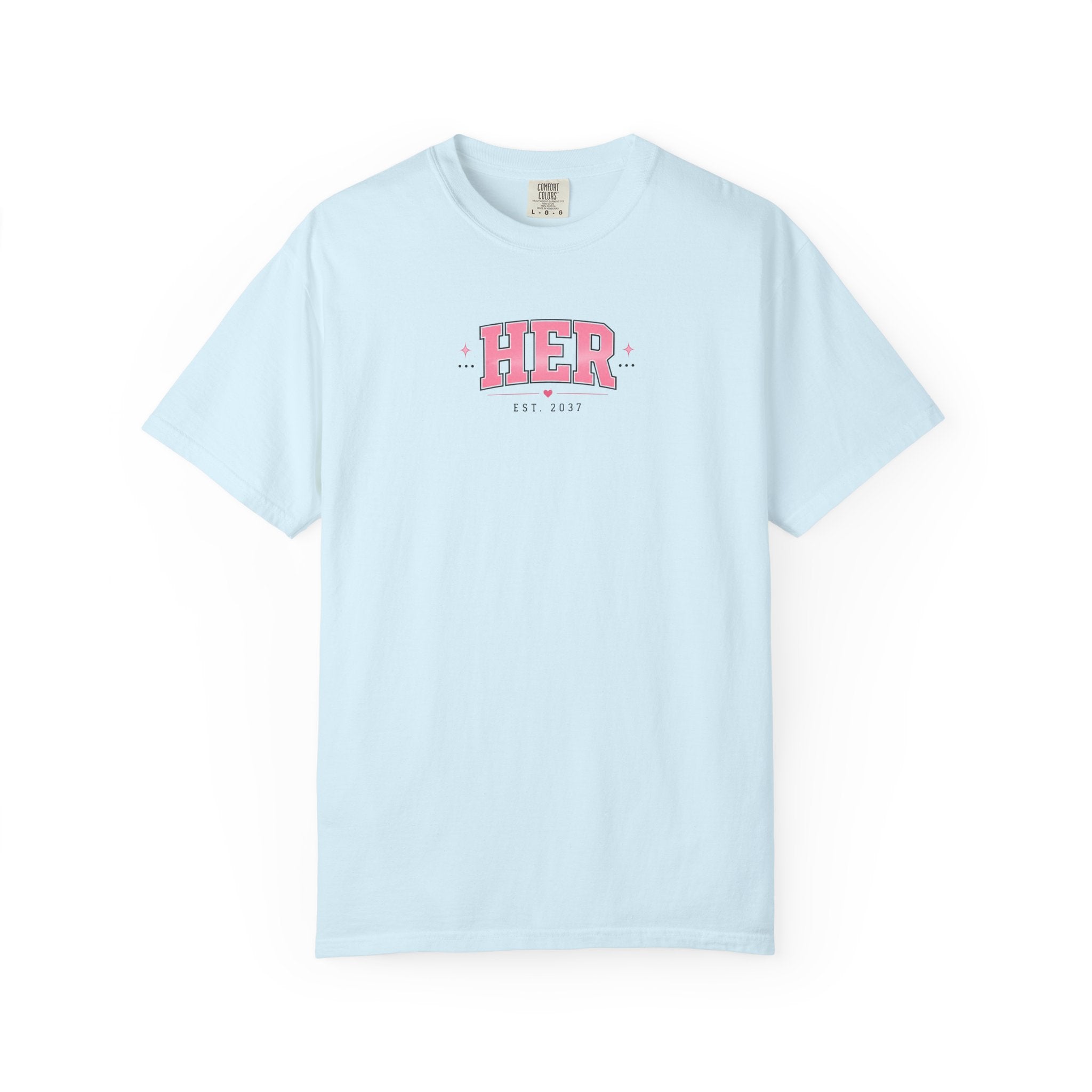 (Sky Blue) HER Graphic T-Shirt — Pink Lip Art Vintage Logo Tee