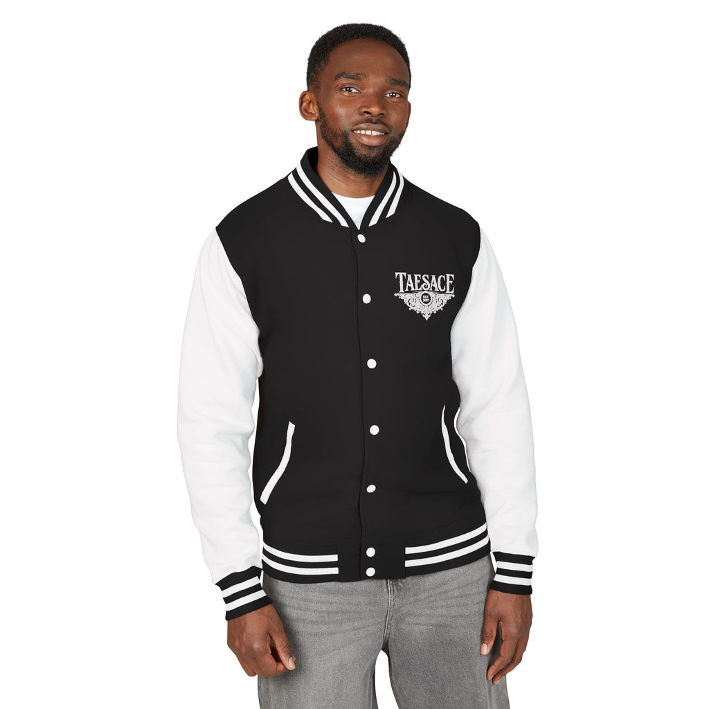 (Black & White) Letterman Jacket - Tarnce Crest Varsity Bomber with Ornate Back Emblem