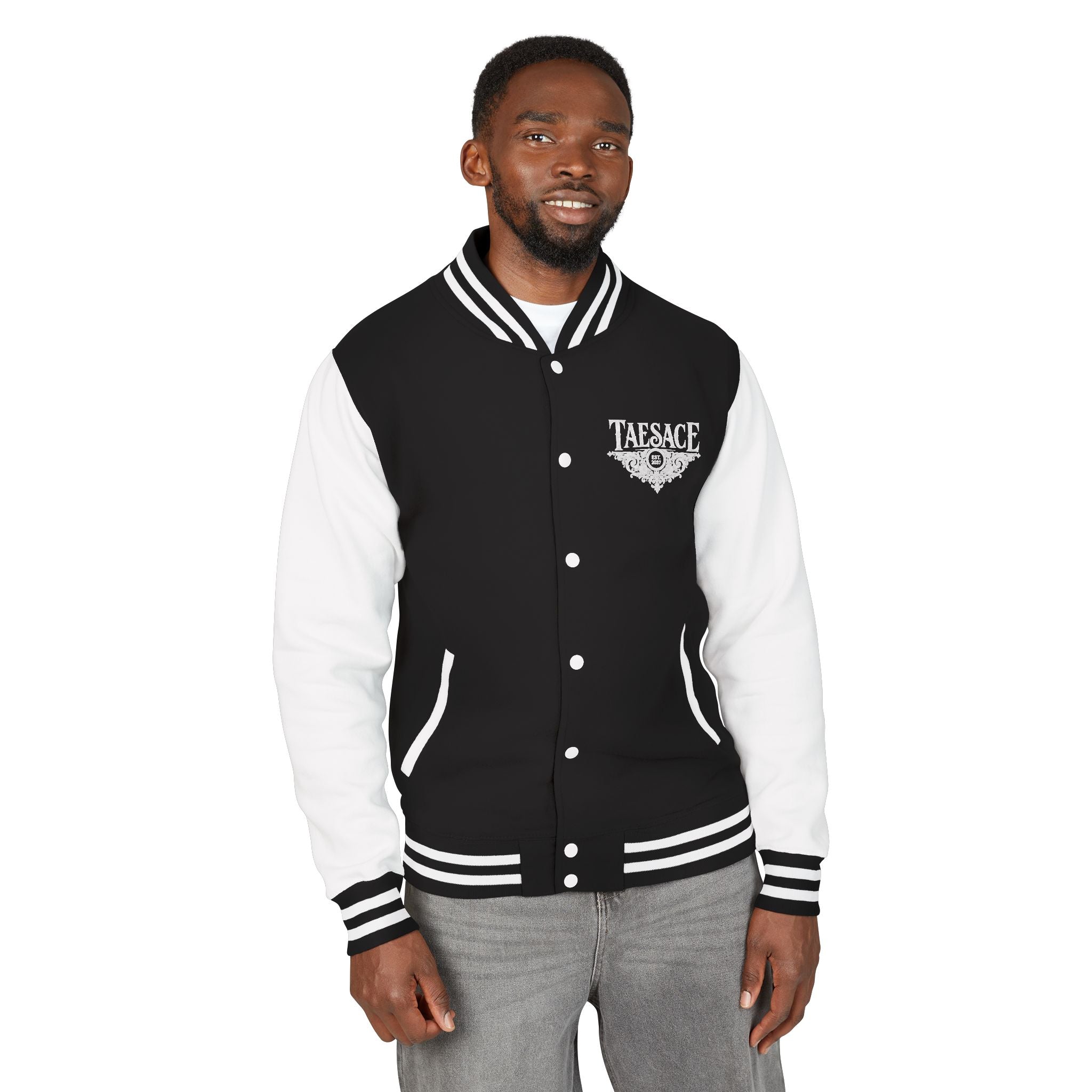 (Black & White) Letterman Jacket - Tarnce Crest Varsity Bomber with Ornate Back Emblem